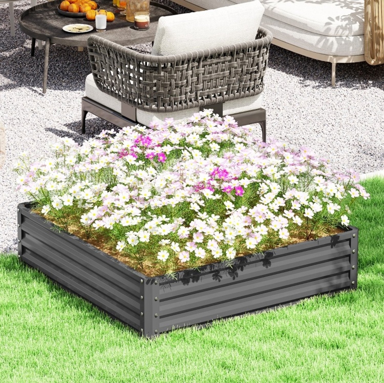 MIVRAY Moestuinbak – 120 x 120 x 30 cm – Verzinkt Staal – Lichtgrijs – Open Bodem Met Afwatering Voor Tuin Terras En Balkon