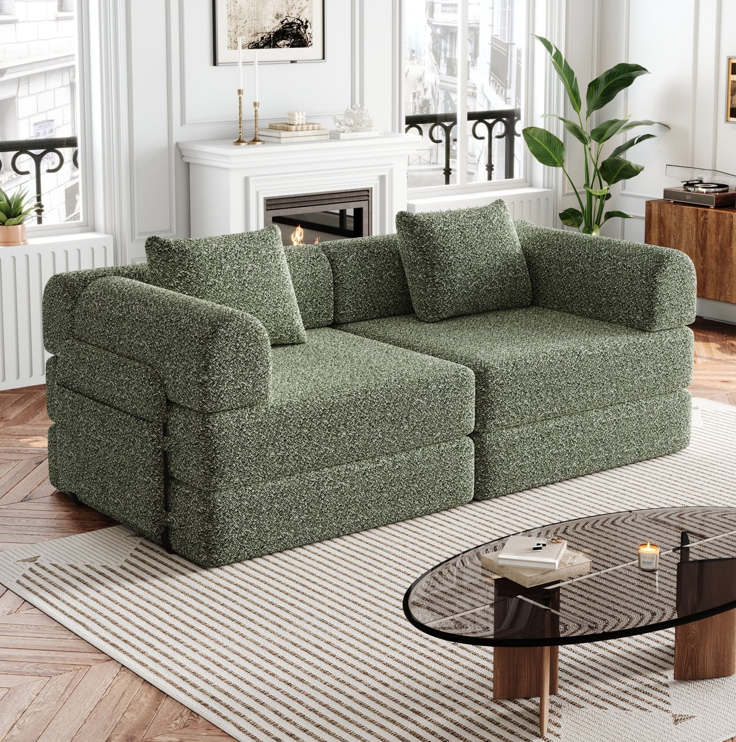 Wishdor Slaapbank 2-zits - Chenille bekleding en opbergruimte in armleuning - Omvormbaar tot bed met klittenbandkussens - Metalen frame - Woonkamer slaapkamer - Groen - 183,8 x 91,4 x 69,8 cm