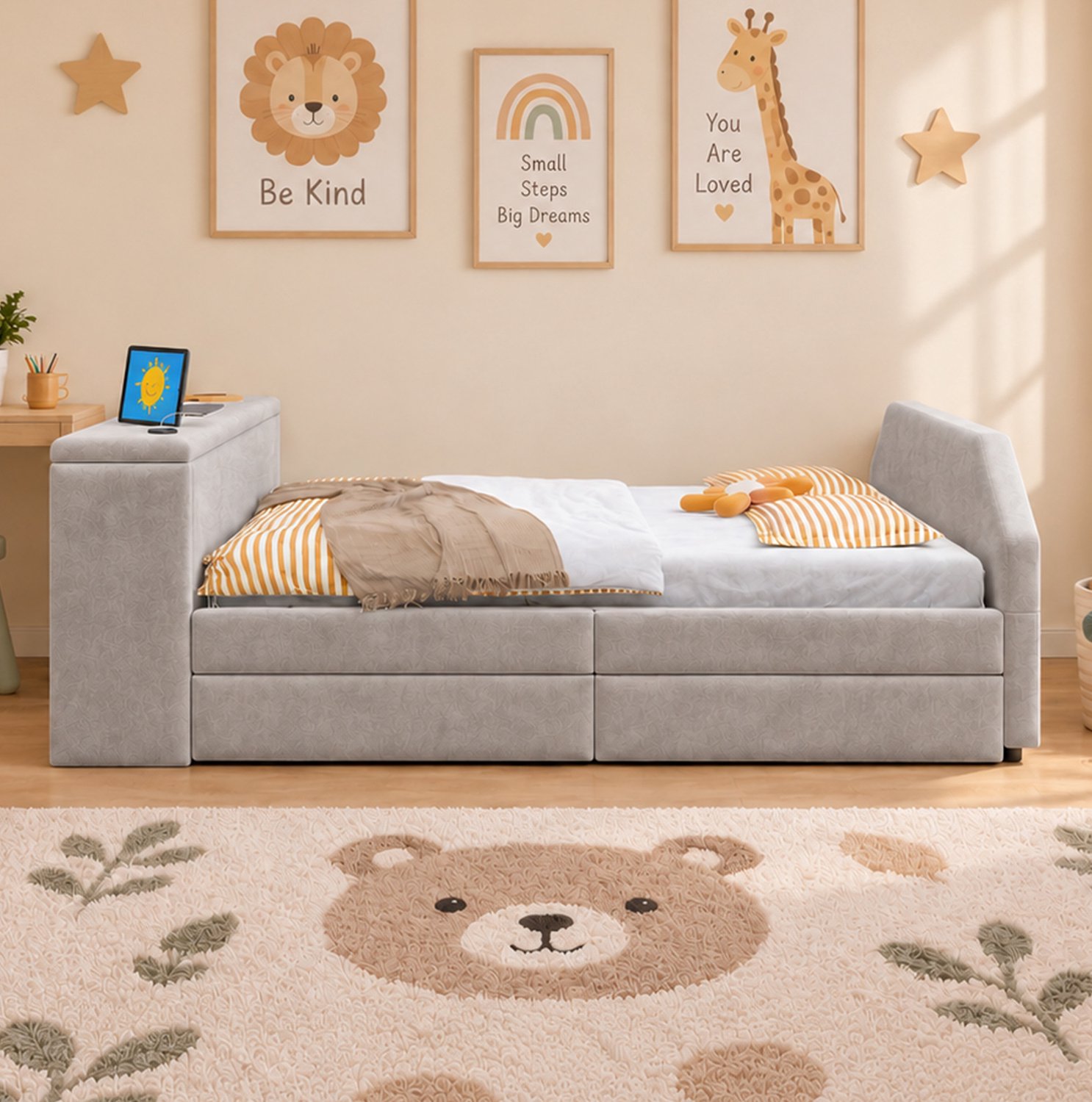 MIVRAY Kinderbed 90x200 cm - Met Bureau, USB-Laadpunt En Uitschuifbaar Logeerbed - Voor Kinderkamer - Zonder Matras - Velours - Grijs