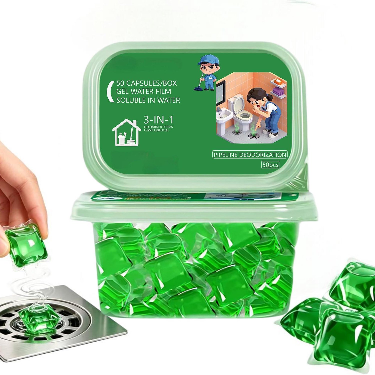 Geurverdrijvende capsules voor afvoeren (verpakking van 50) — In water oplosbare capsules voor het opfrissen van afvoeren in gootstenen- badkamers- douches en badkuipen- verspreiden een langdurige- frisse geur.