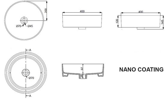 Technische tekening ronde opzetwastafel, met vermelding 'NANO COATING'. Afmetingen: Ø70, 400x200x145mm.