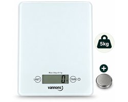 Vannons - Keukenweegschaal - Keuken Weegschaal Digitaal - Precisie Weegschaal Keuken tot 5 kilo voor Bakken - Inclusief Batterij - Glas - Wit