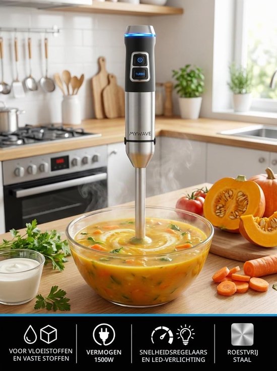 mixer, 1500 W, met XXL-voet, extra lange voet, 22 cm, turbo-functie, led-lichtbediening, variabele snelheid, behuizing, messen en staaf van roestvrij staal — afbeelding 5