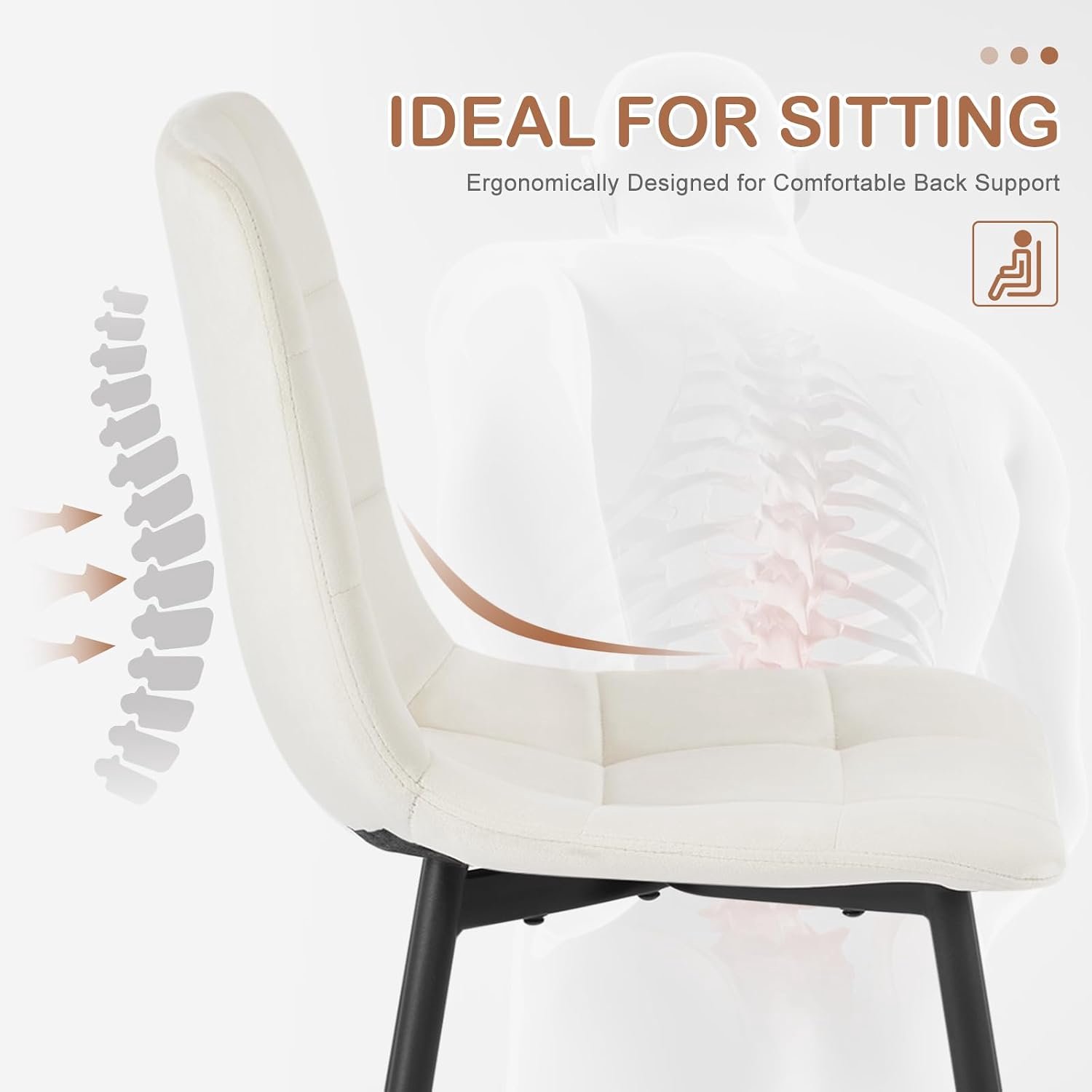 Set van 4 Crèmekleurige Fluwelen Eetkamerstoelen met Ergonomische Rugleuning en Metalen Frame – Gestoffeerde Keukenstoelen met Comfortabele Zitting en Verstelbare Vloerdoppen