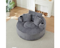 FloraGrace Zitzak 1-Zits - Ronde Loungestoel Met 3 Kussens, Bekerhouders En Zijvakken - Voor Binnen - Ribstof - Grijs