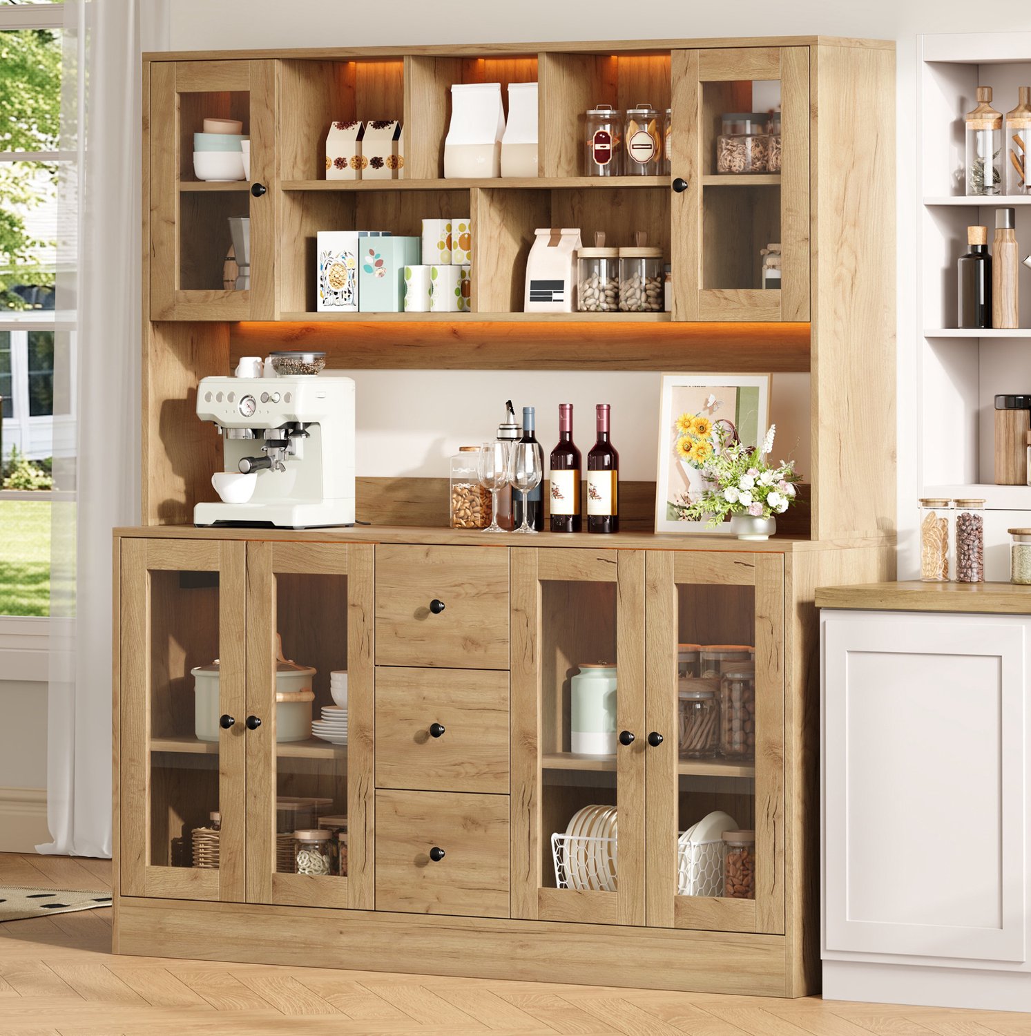 MIVRAY Keukenkast - Hoge Opbergkast Met RGB LED En Stopcontacten - Voor Keuken En Woonkamer - MDF - 150 X 40 X 173 Cm - Natuurlijk Naturel