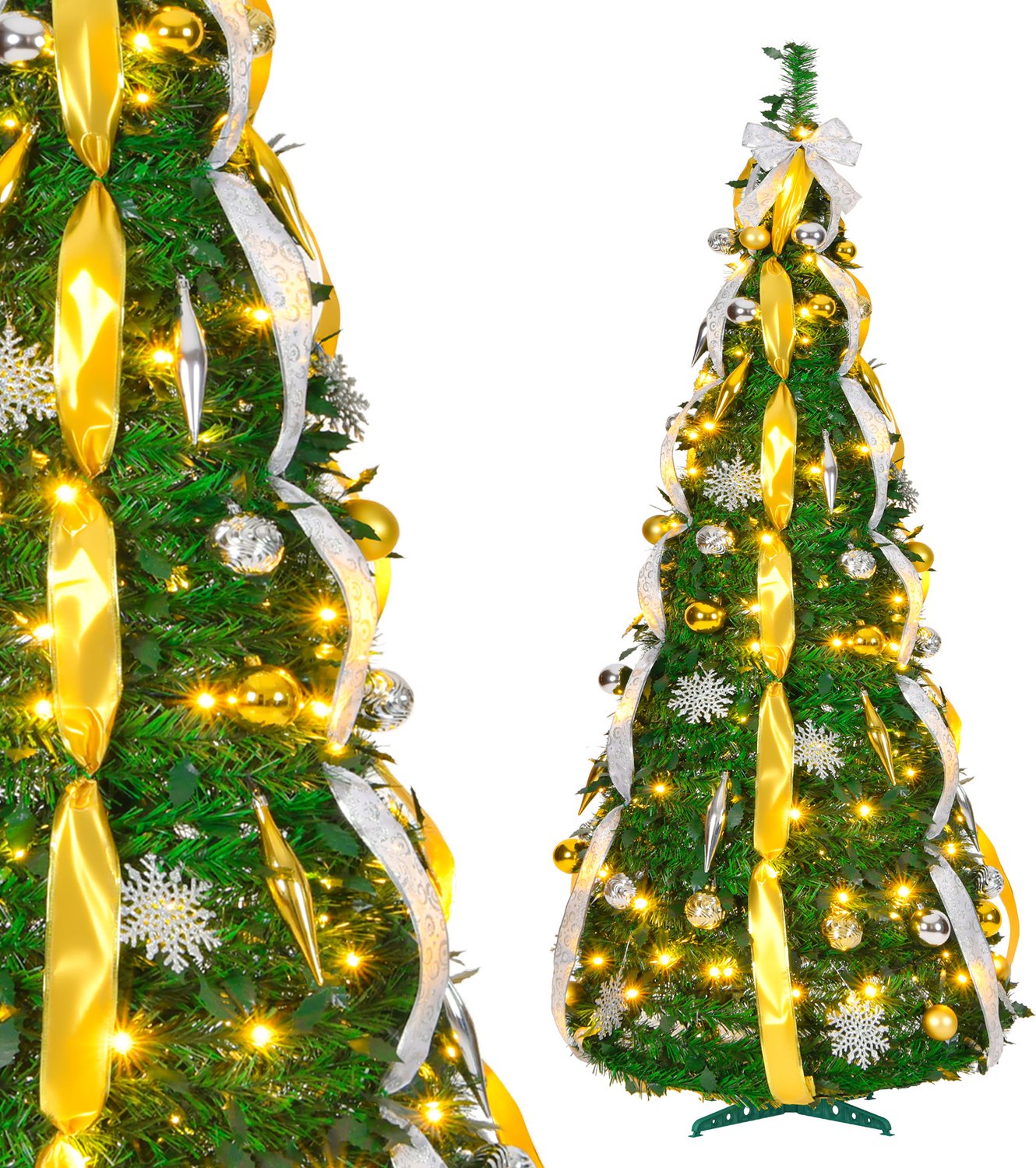 Pop-up Kerstboom 180 cm met 150 LED - 8 Lichtmodi - Goud & Zilver - Inclusief Kerstballen & Linten - Opvouwbaar - NAIZY