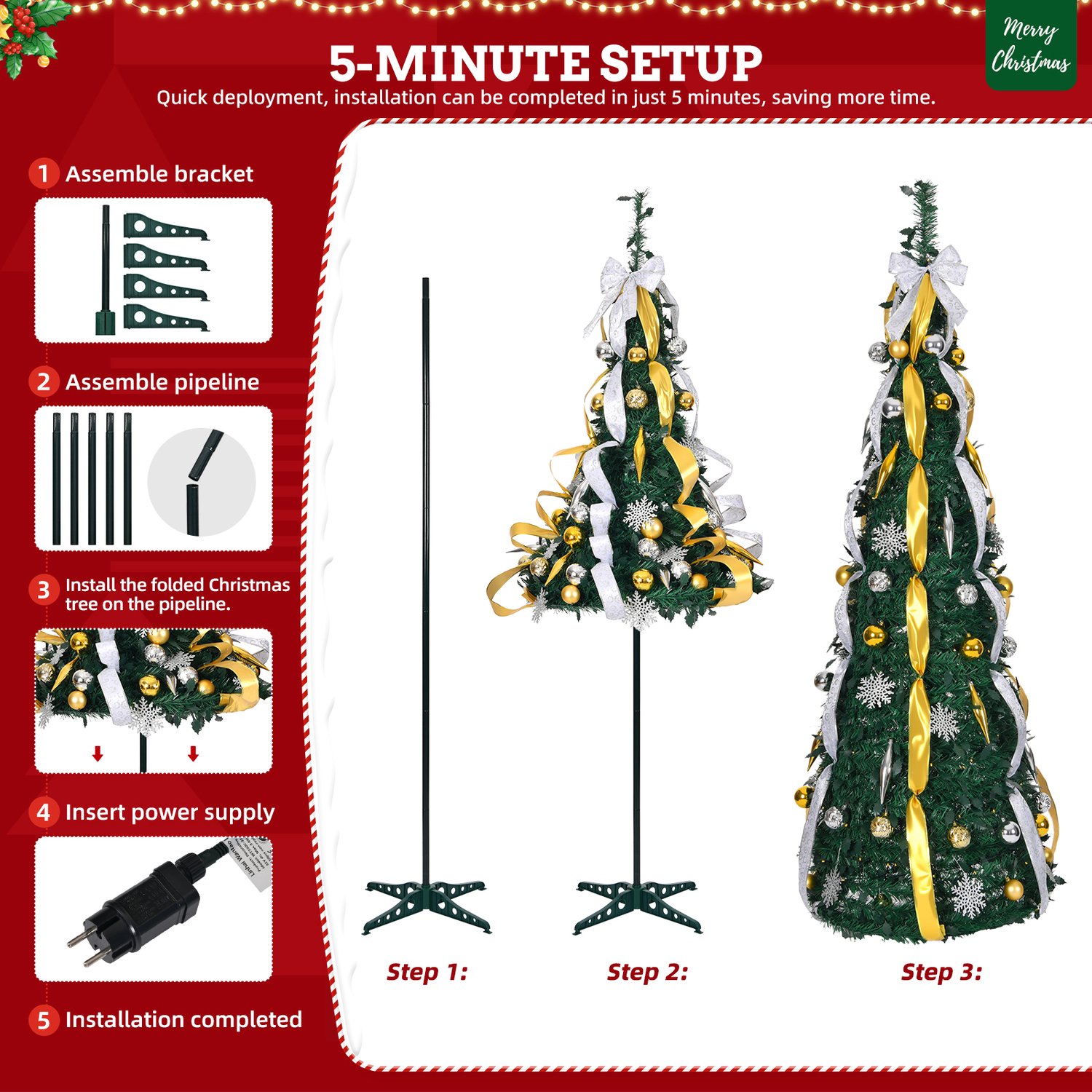 Pop-up Kerstboom 150 cm met 100 LED - 8 Lichtmodi - Goud & Zilver - Inclusief Kerstballen & Linten - Opvouwbaar - NAIZY – foto 5