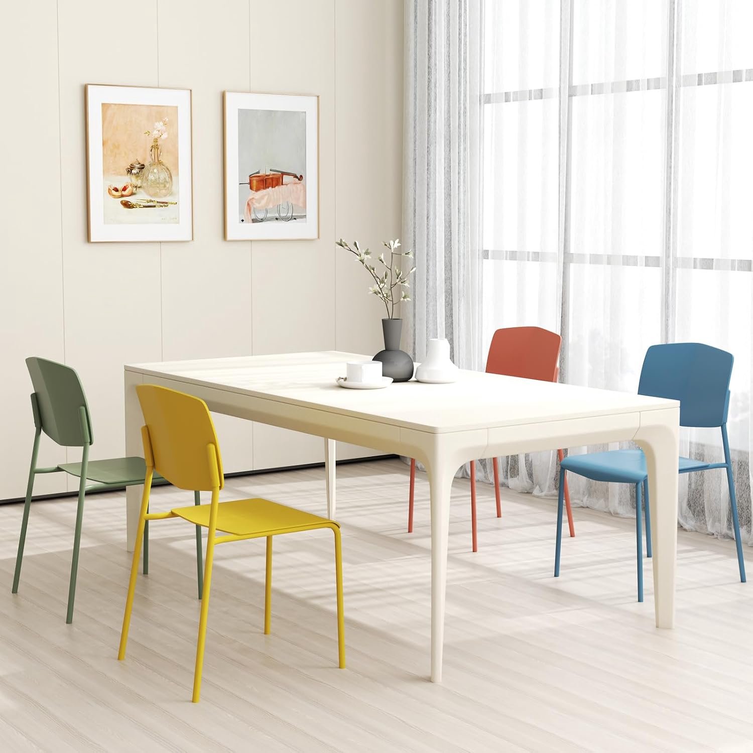 Stapelbare Eetkamerstoelen Set van 4 – Moderne Keukenstoelen met Ergonomische Rugleuning, Brede Polypropyleen Zitting en Stevige Metalen Poten, Meerkleurig, 160 kg Draagvermogen per Stoel