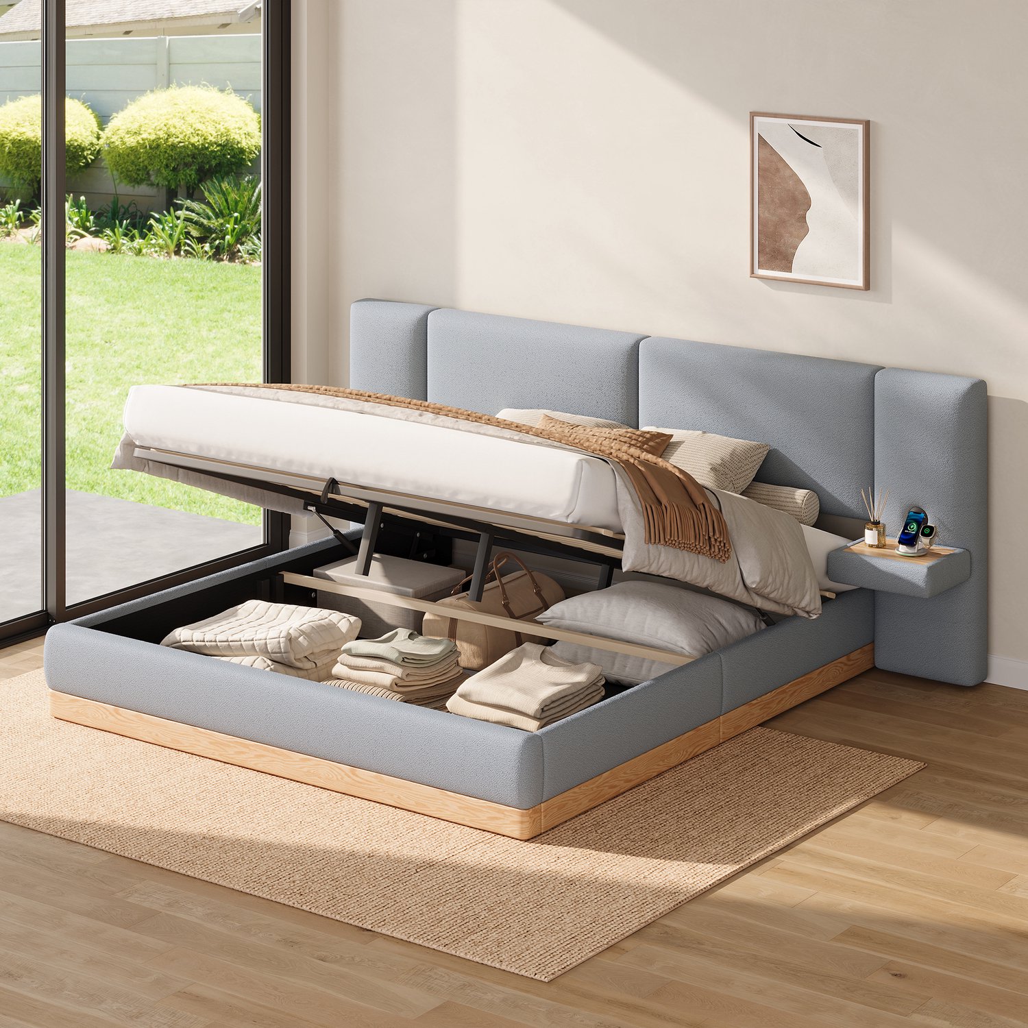 Zubaliya Gestoffeerd opbergbed - 180 x 200 cm - Naturel / Grijs - Hydraulische opbergruimte en USB