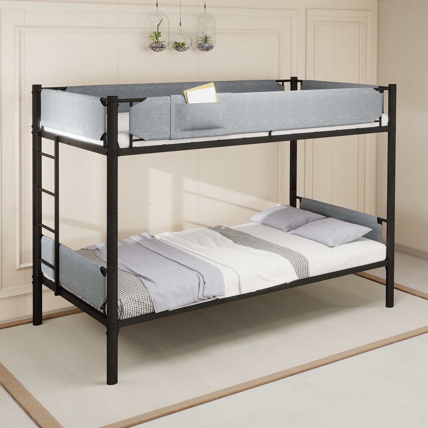 Zubaliya Metalen stapelbed - 90 x 190 cm - Zwart - Deelbaar en stoffen zijpanelen