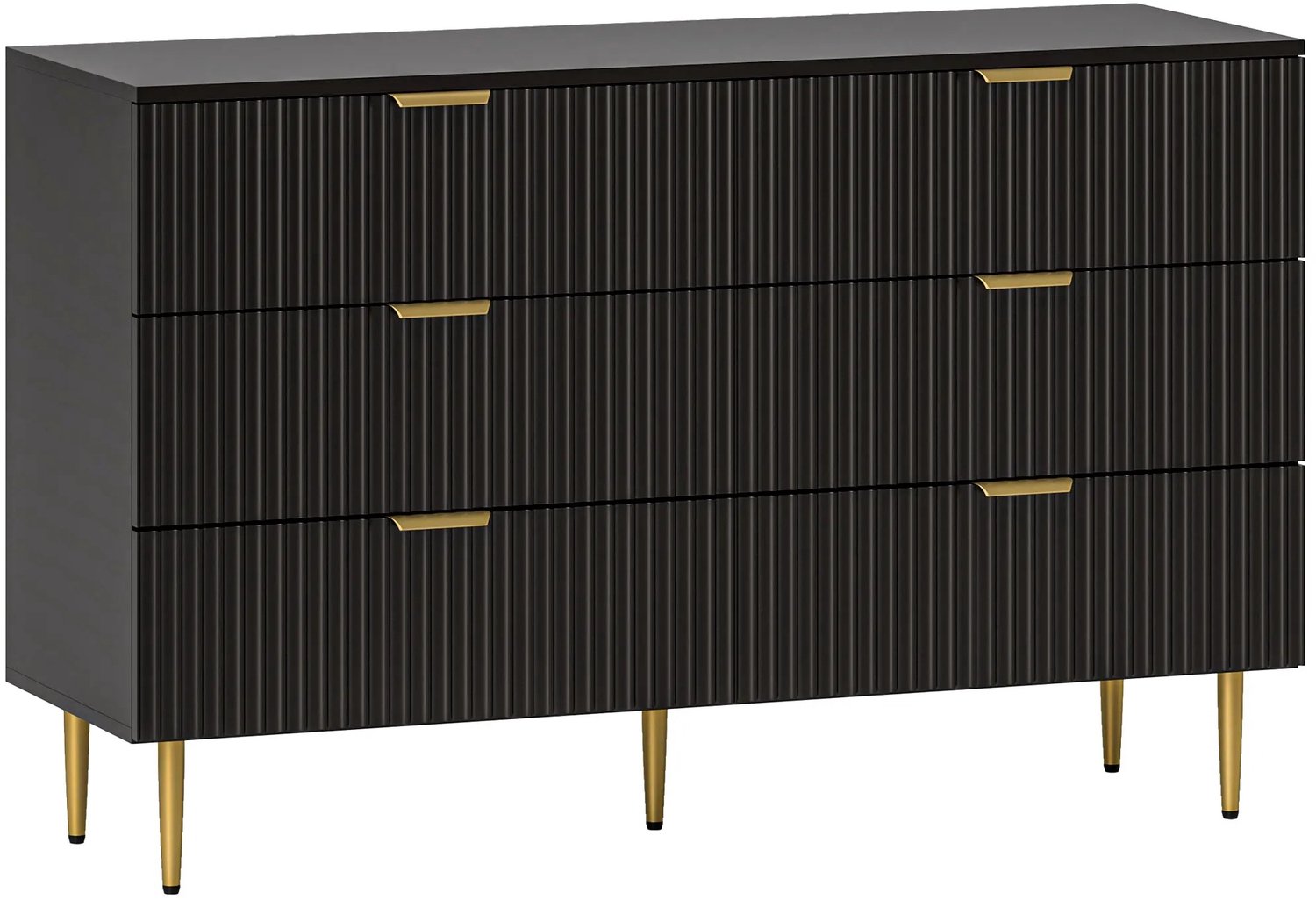 Bresht Ladekast - Dressoir - Opbergkast - 6 ruime lades - Gegroefde ladefrondten - Gouden handgrepen - Zwart - 120 × 40 × 76 cm
