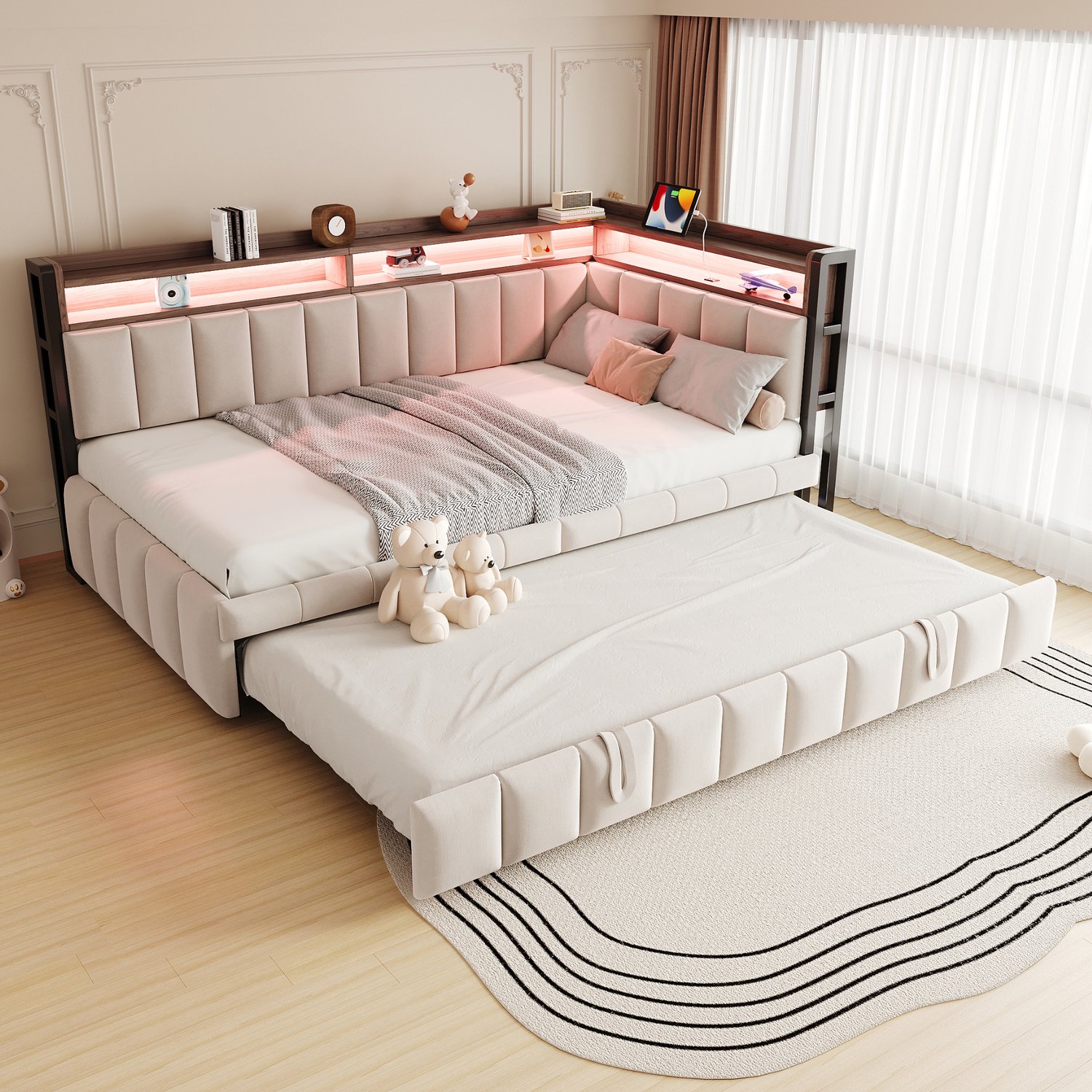 Slaapbank met matras 90x200 cm met uitschuifbed, LED-verlichting en opbergvakken aan het hoofd- en voeteneinde, uitgerust met USB- en Type-C-aansluitingen. Eenpersoons slaapbank, fluweelbeige