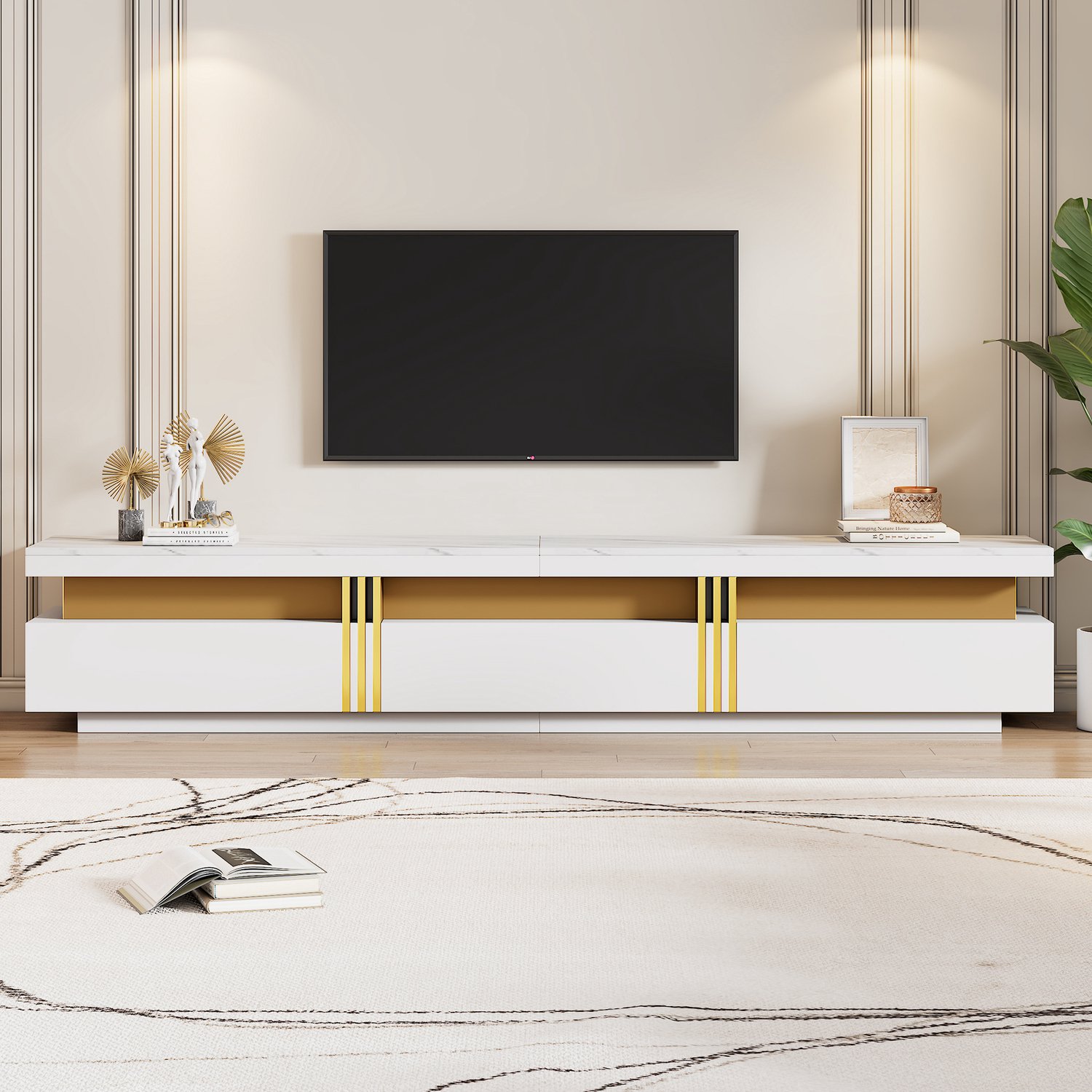 TV-meubel 200 cm - Marmerlook - 3 lades - Kabeldoorvoer - Voor tv tot 90 inch - Wit