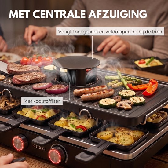 Gourmetstel met centrale afzuiging en koolstoffilter voor het bereiden van vlees en groenten op de grill.