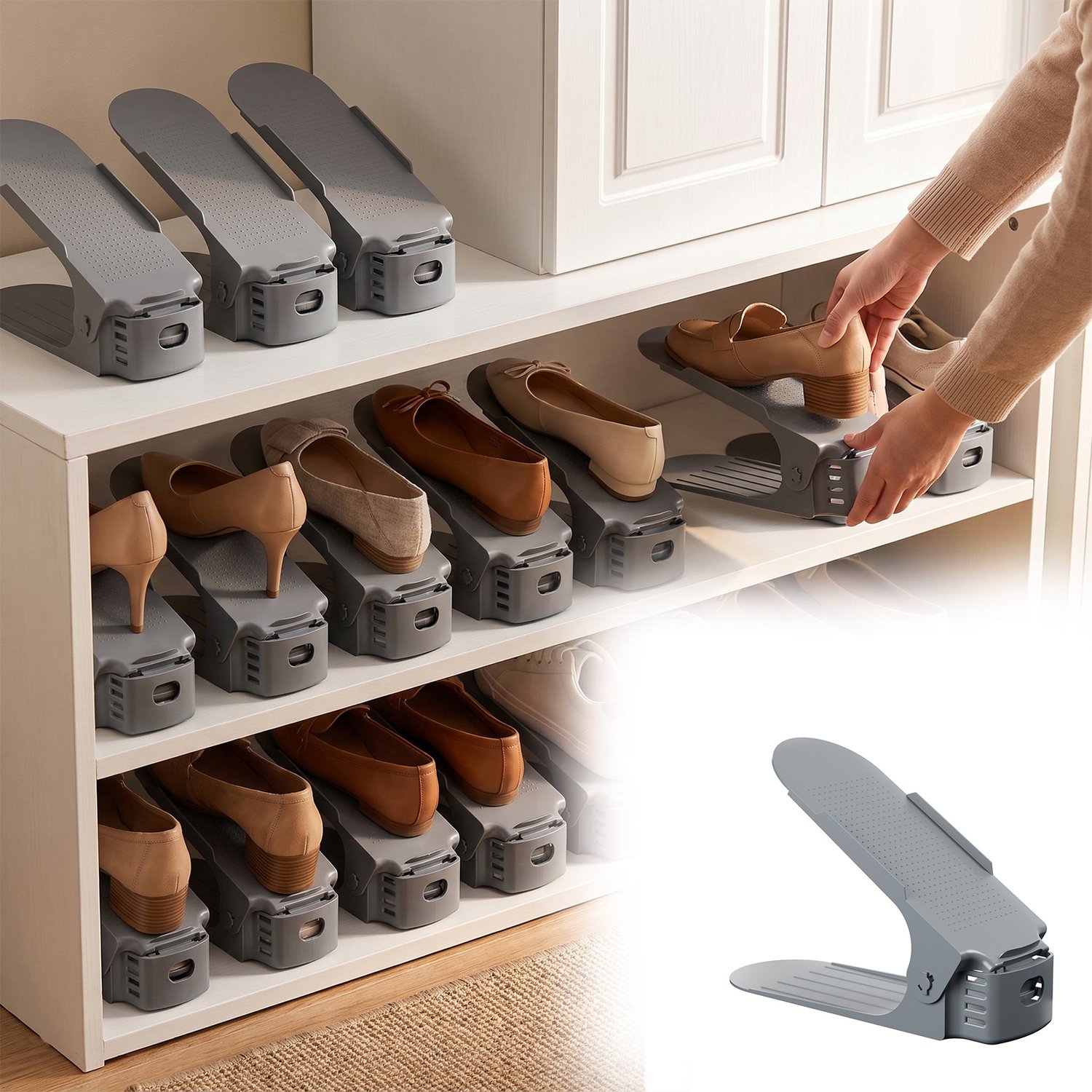 Aufun Verstelbaar Schoenenrek 10-Delige Schoenstapel/Schoenrek Set, 3 Hoogteverstellingen, Ruimtebesparend, Anti-slip Plastic - Grijs