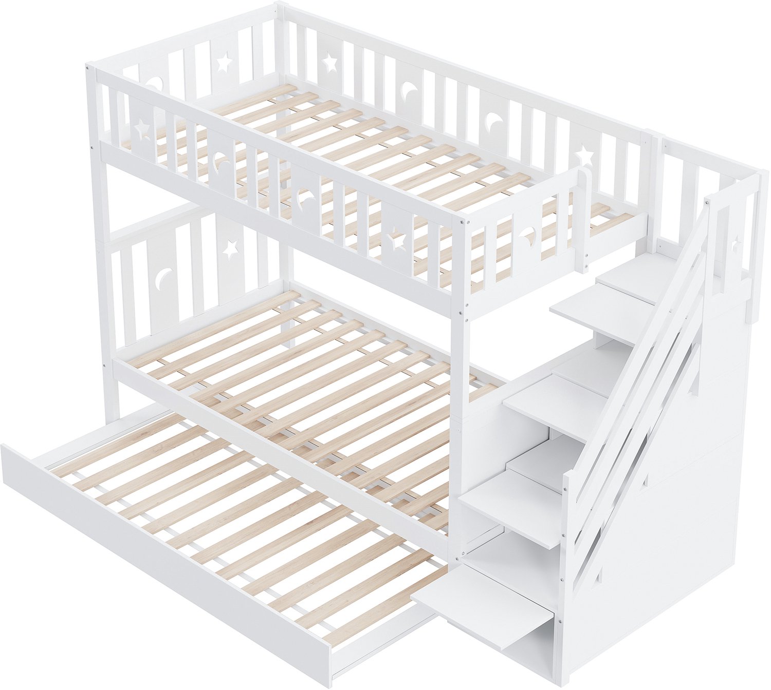 Kinderstapelbed 90 x 200 cm - Met Uitschuifbed En Opbergtrap - Grenenhout, MDF En Multiplex - Inclusief Lattenbodem En Uitvalbeveiliging - Wit