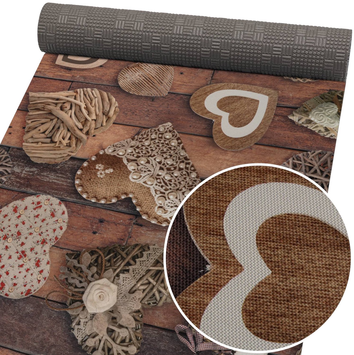 ANRO Keukenloper Hout Hartjes Bruin 280x52cm – Antislip Gangloper Tapijtloper 3 mm Laagpolig