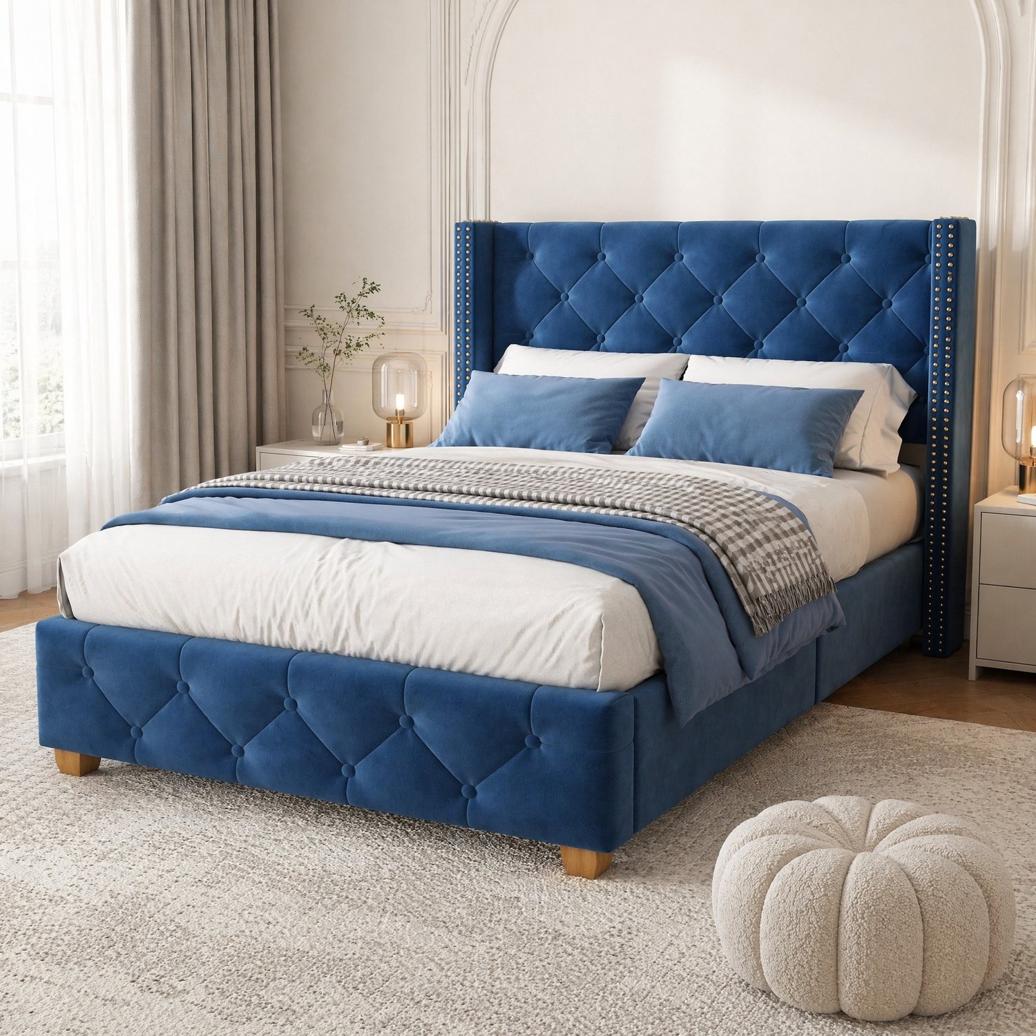 Maisentiel Eenpersoonsbed 90x200 cm met lattenbodem en fluwelen bekleding - blauw