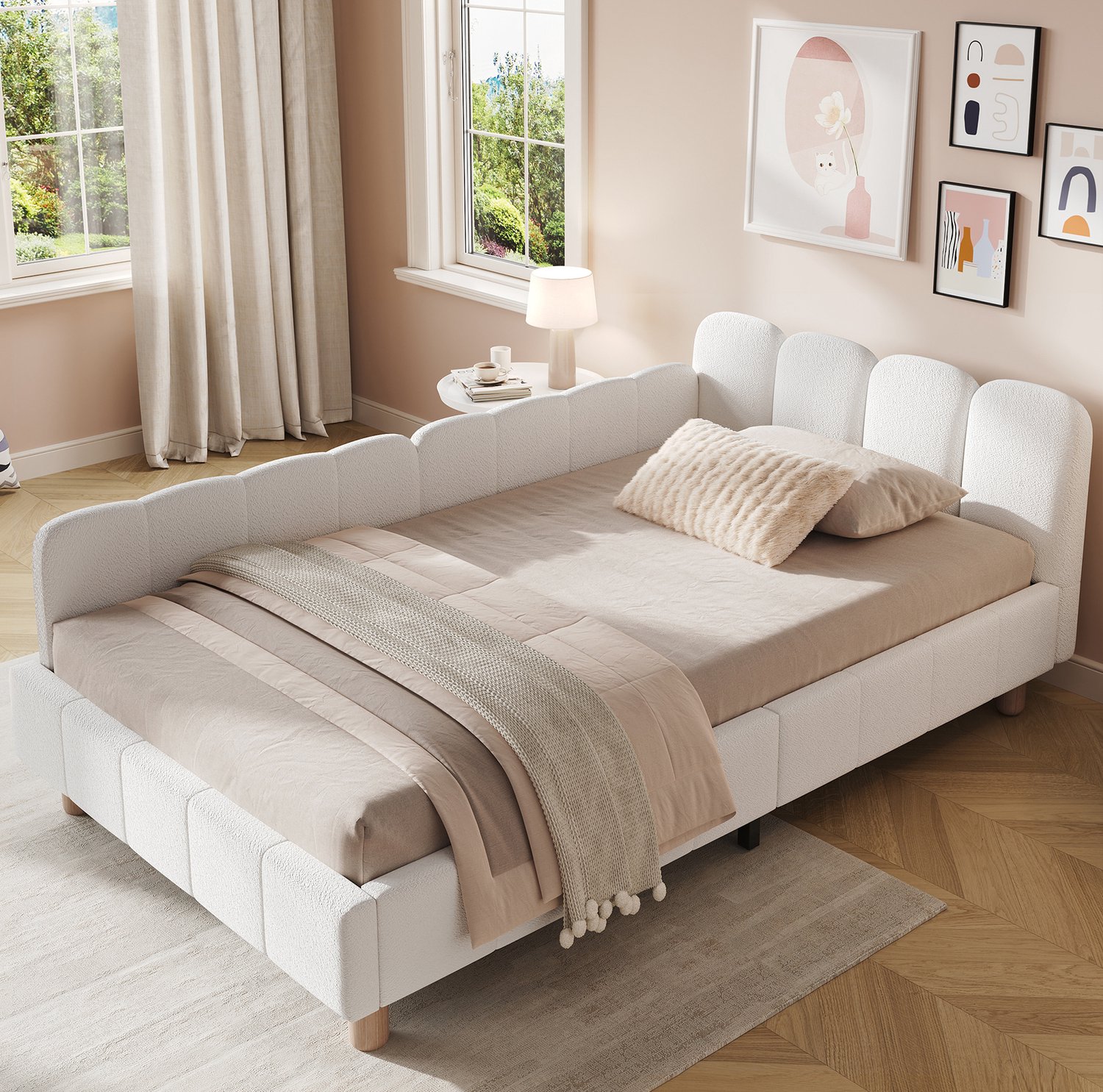 Maisentiel Kinderbed 90 x 200 cm met uitvalbeveiliging en lattenbodem, bouclé, beige