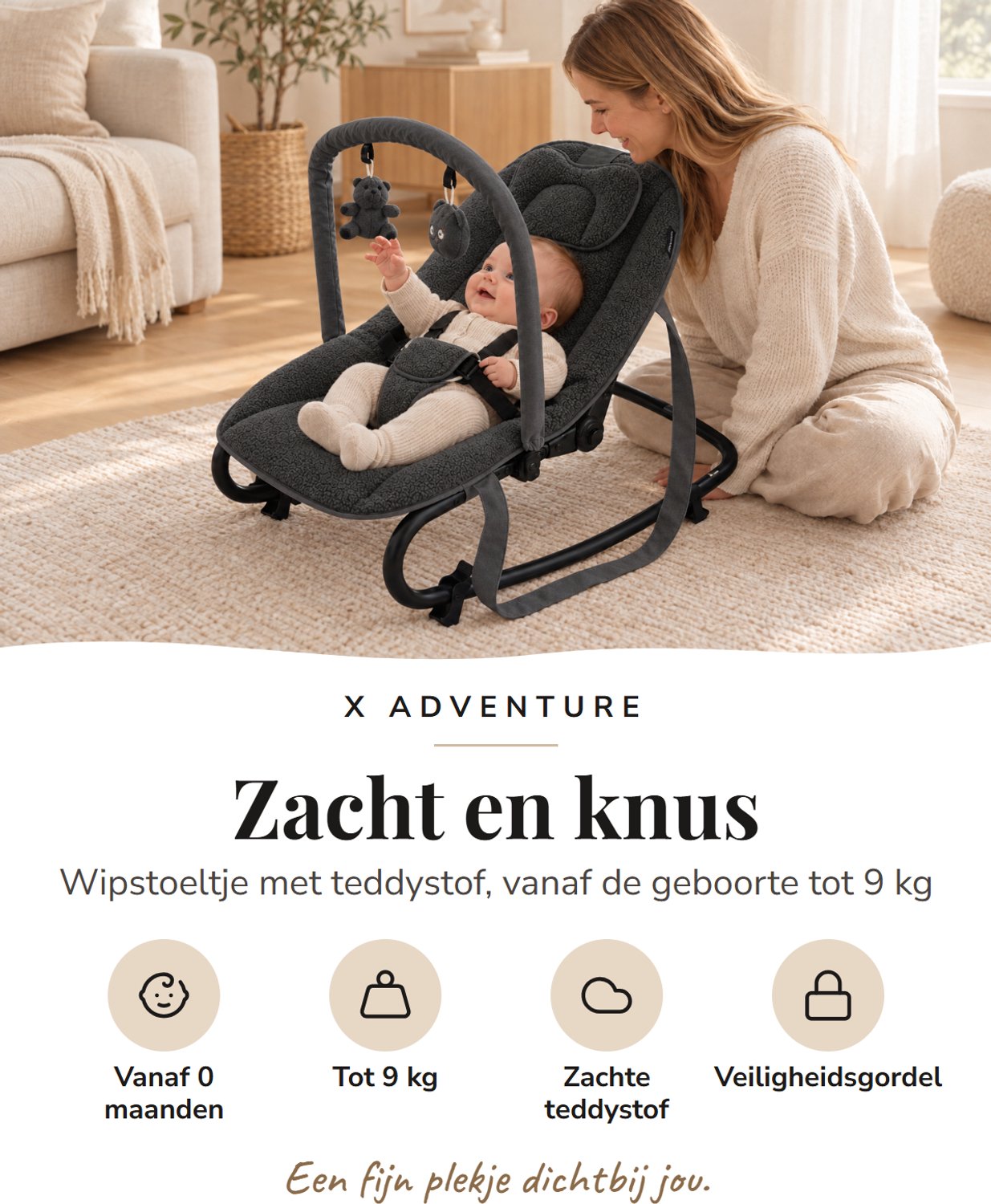 X Adventure Wipstoel Baby – Inklapbaar & Verstelbaar – Baby Schommelstoel met Speelboog – 0-9 Maanden – Donkergrijs – foto 3