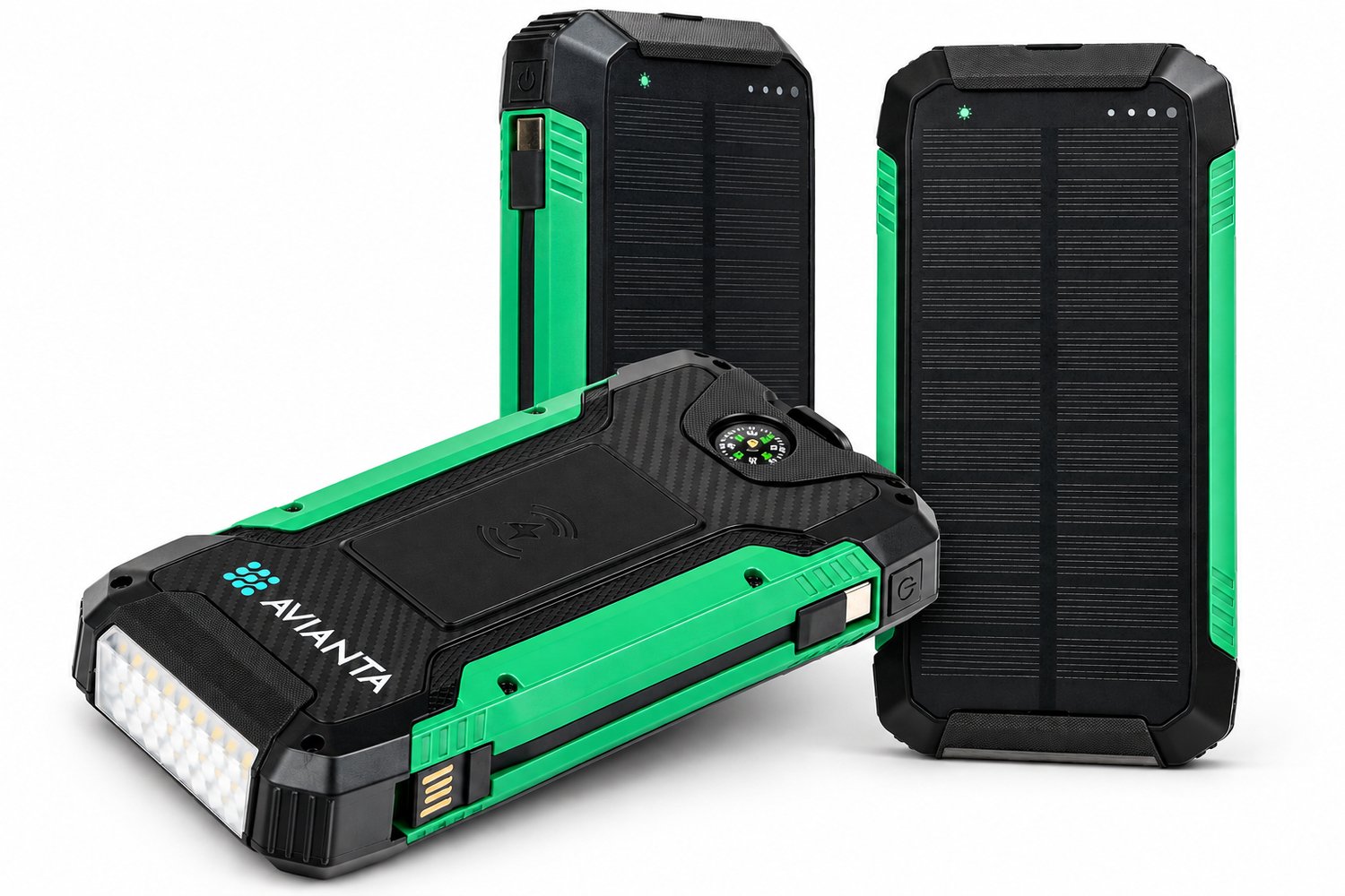 Solar Powerbank 27000 mAh - AVIANTA® Powerbank Zonneenergie - Noodpakket - Snellader 22,5W - Ingebouwde Kabels - Draadloos Opladen - USB-A/USB-C/Lightning - Zaklamp Led - Kompas - 430 Gram - Groen