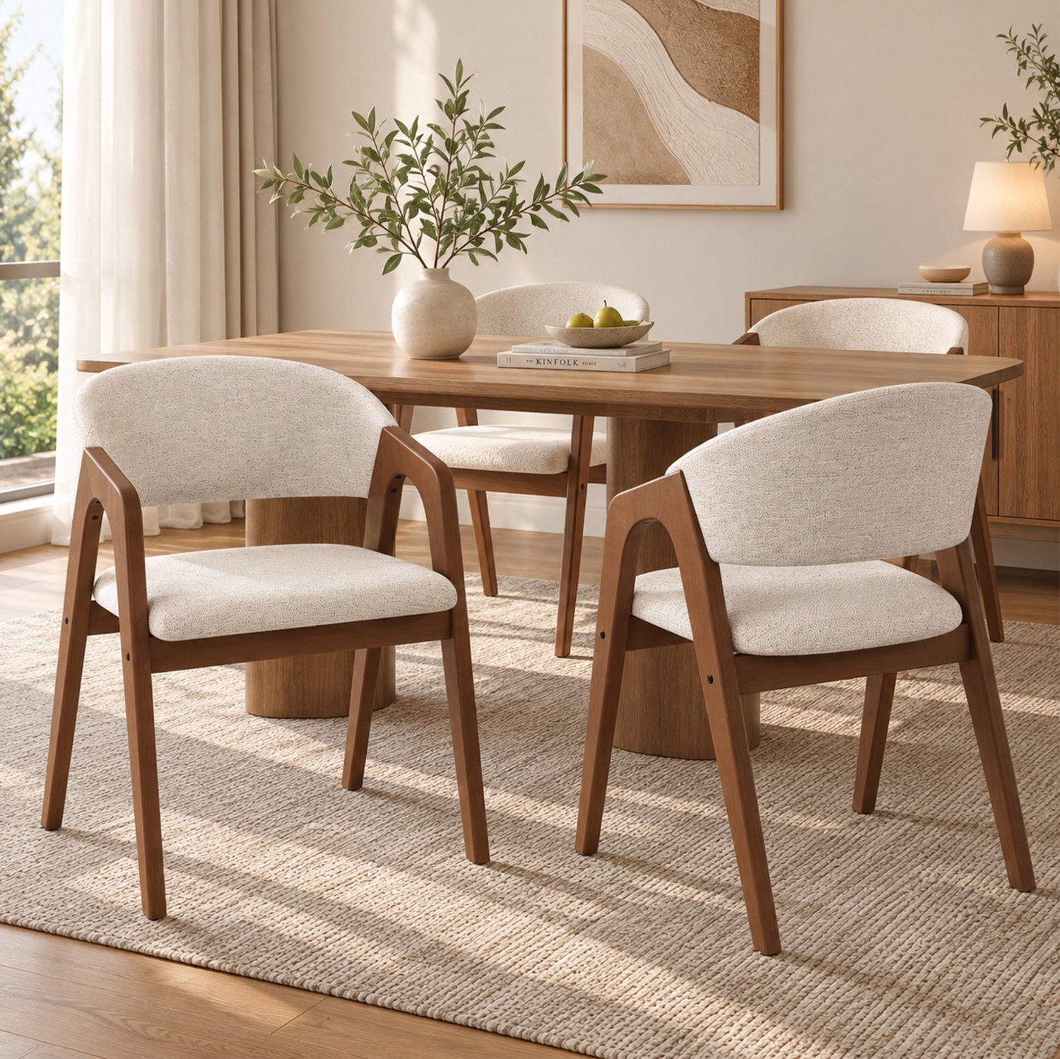 MODFU Eetkamerstoel Met Armleuningen - Gestoffeerd - Hout En Stof - Walnootkleur Beige