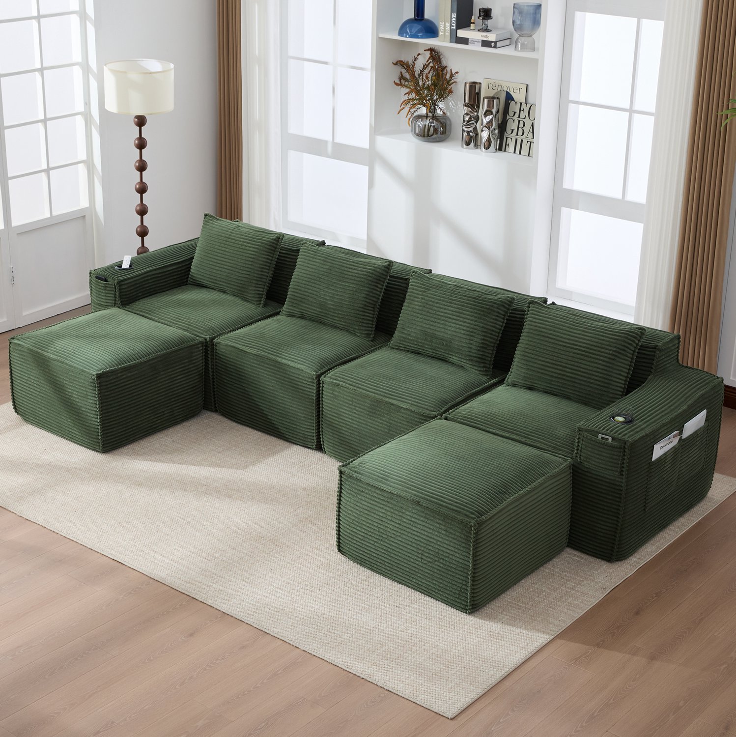 Wishdor Modulaire zitbank met 2 hockers - Vierpersoons ribfluwelen bank - Bekerhouders en zijvakken - Flexibel te combineren - Woonkamer appartement thuiswerkplek - Groen - 330 x 162 x 75 cm