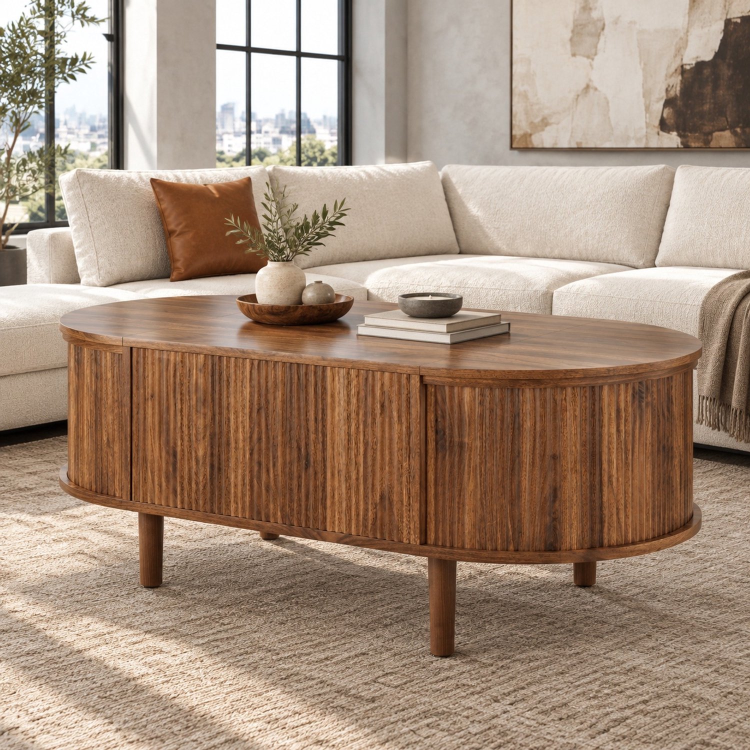 Maisentiel Ovale salontafel 100 x 48 cm - verstelbaar met opbergruimte - MDF - walnootkleur