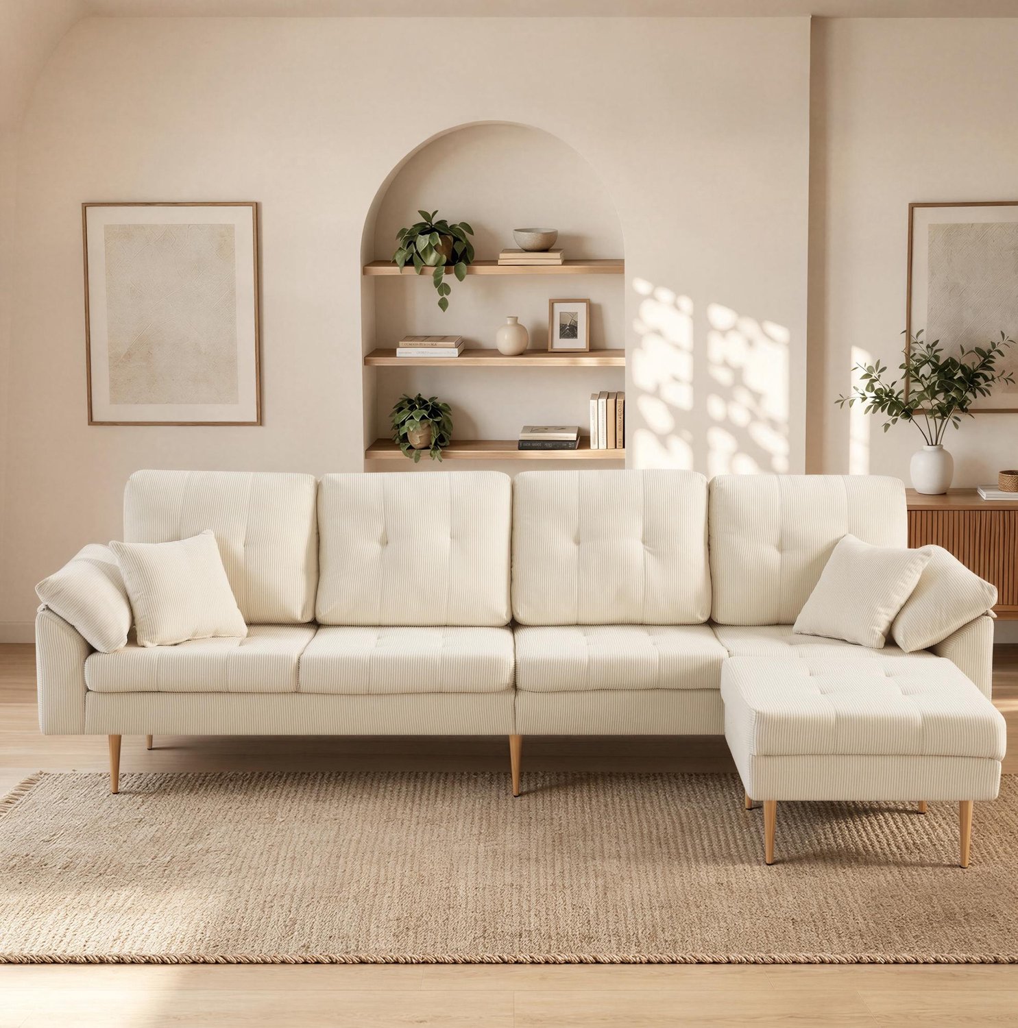 Wishdor 4-zits hoekbank met flexibele hocker - L-vorm links of rechts - Zachte ribfluwelen bekleding - Moderne minimalistische stijl - Woonkamer appartement lounge - Licht beige - 250 x 70 x 87 cm Lichtbeige