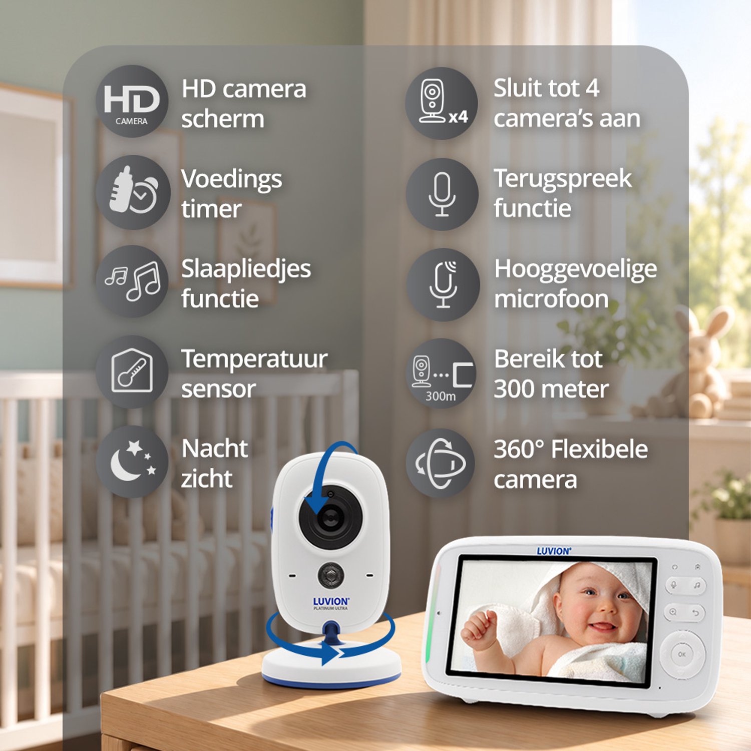 LUVION® Platinum Ultra - Babyfoon met Camera - Uitbreidbaar tot 4 Baby Camera's - Premium Baby Monitor thumbnail 5