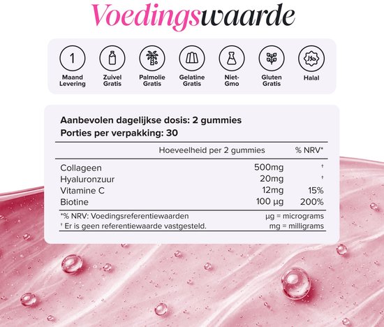 Voedingswaardetabel voor collageen-gummies met iconen voor glutenvrij, halal en suikervrij.