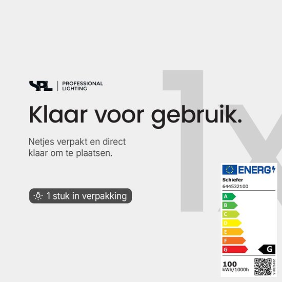 Verpakkingsinformatie voor één SPL-lamp met energielabel G. Tekst: Klaar voor gebruik.