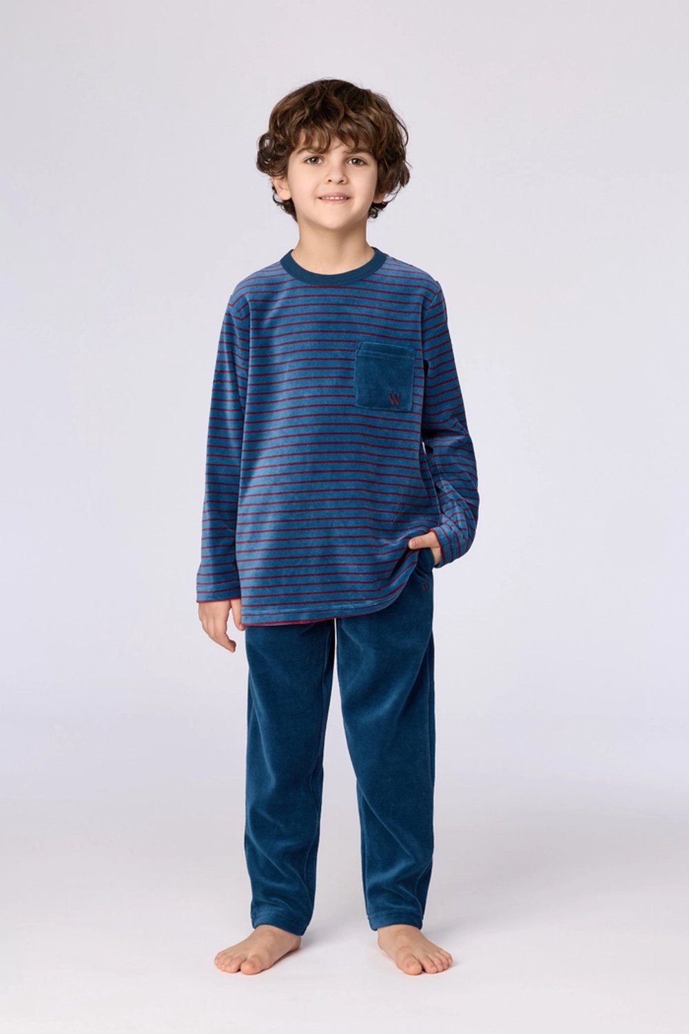 Woody pyjama jongens/heren velours - donkerblauw/bordeaux gestreept - 262-10-MRL-V/921 - maat 164
