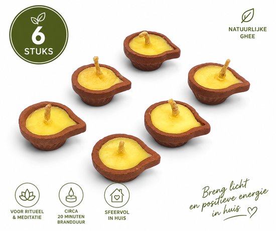 Zes terracotta ghee-kaarsjes met tekst over rituelen, meditatie en natuurlijke ghee.