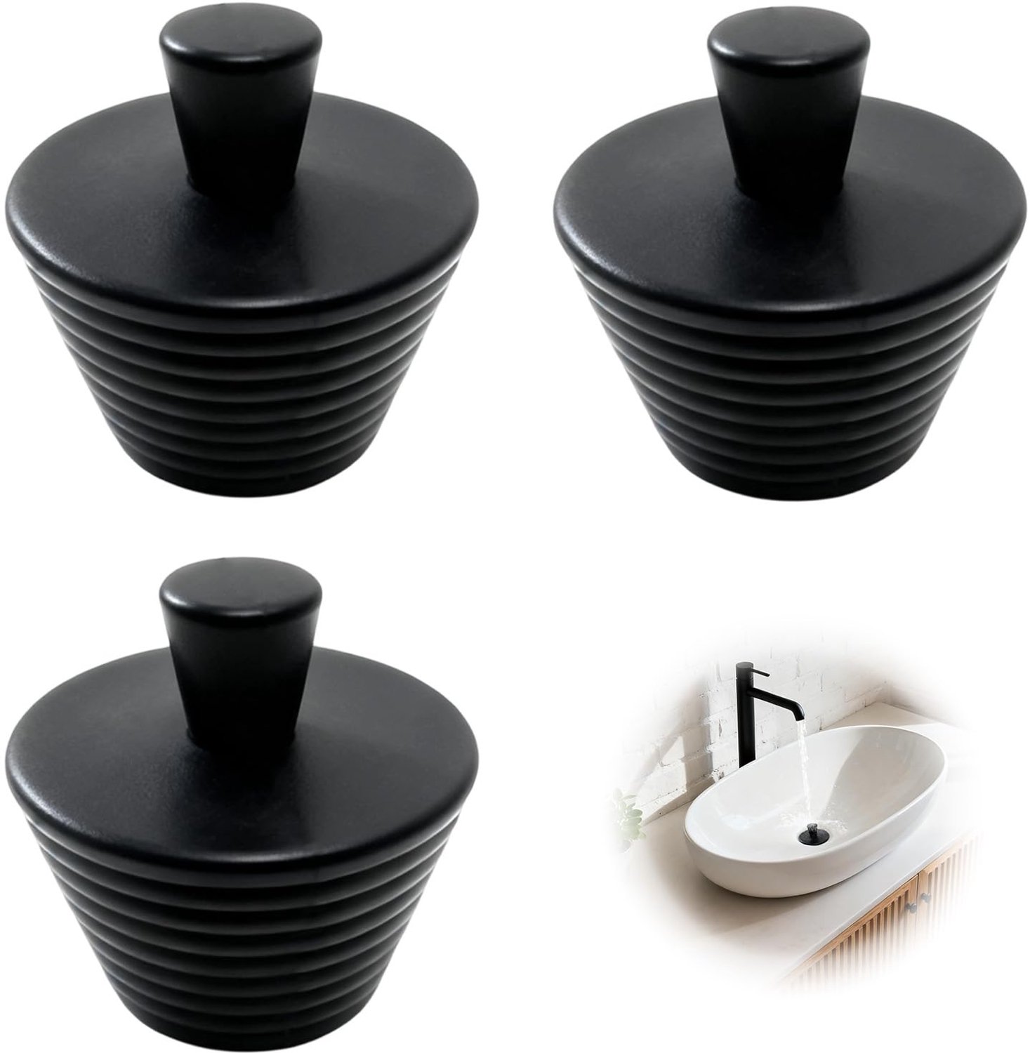Universele Afvoerstop - Set van 3 stuks - Voor bad, keuken, douche en wastafel - Siliconen - Zwart