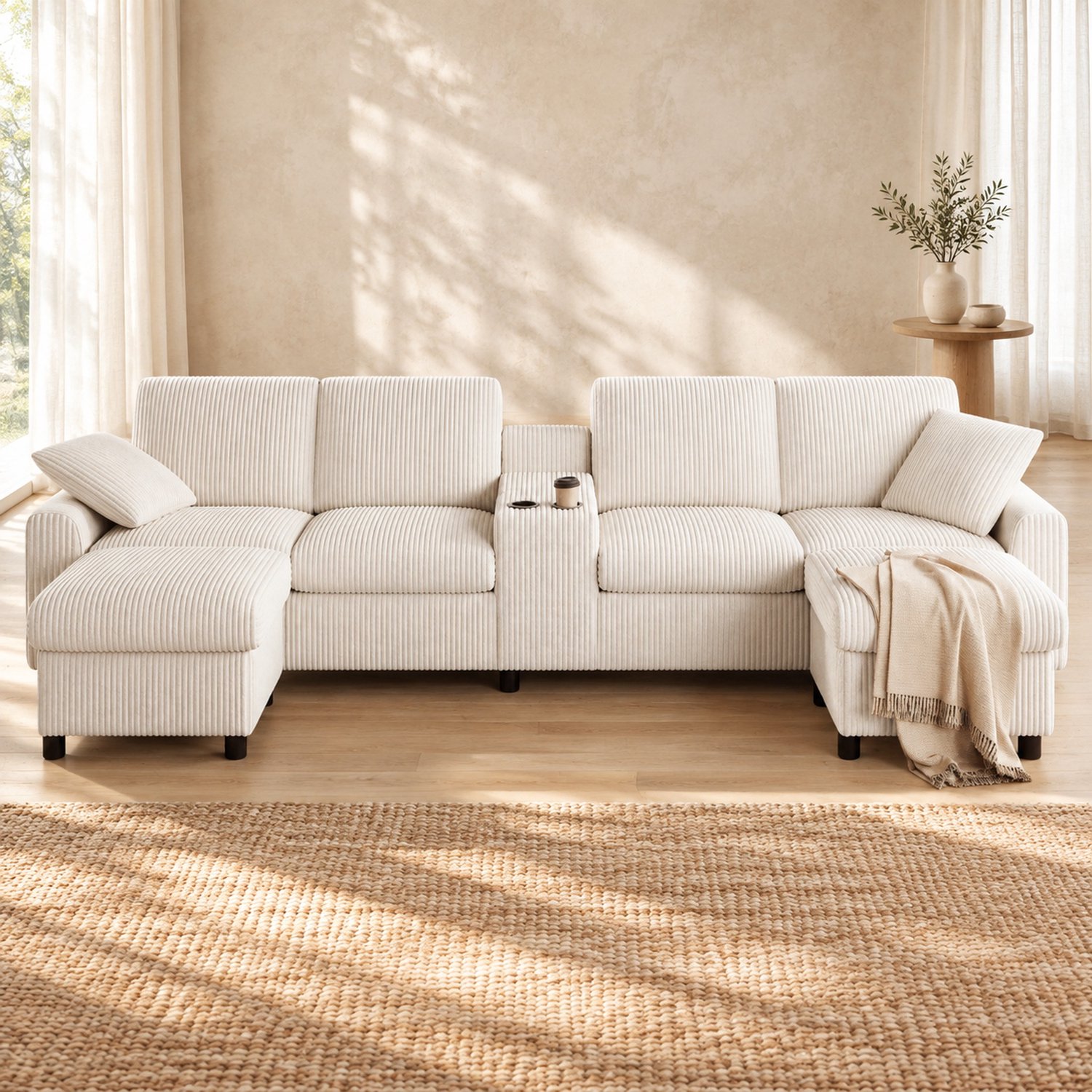 WUVRIE U-bank 4-zits 315x135 cm - 2 opbergpoefs en oplaadpunten - Beige