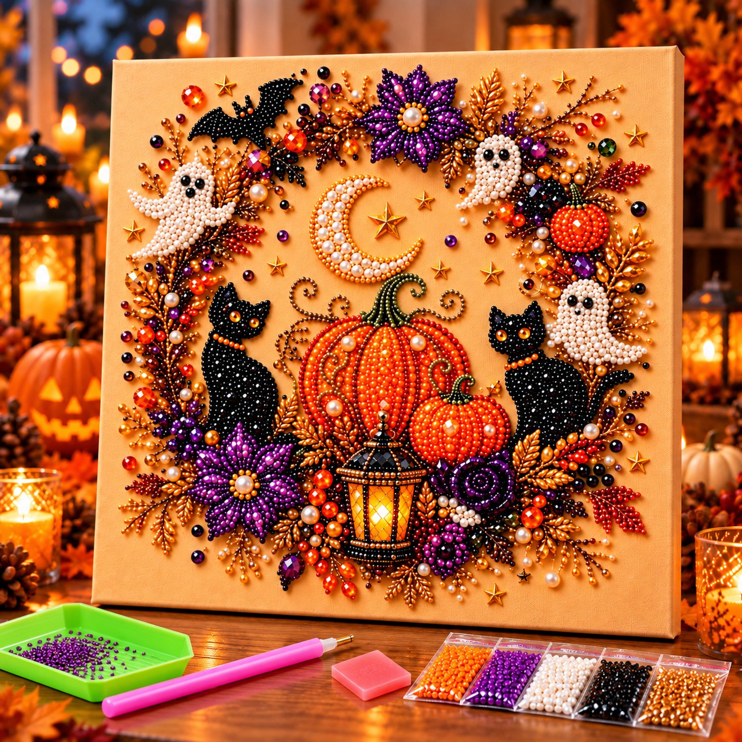 PulseOne - Halloween diamond painting - diamond painting volwassenen - parel diamond painting met lijst - DIY hobby knutsel - Halloween decorations - decoratie - huis decoratie - wanddecoratie - spook - pompoen - herfstdecoratie - cadeau - creatief