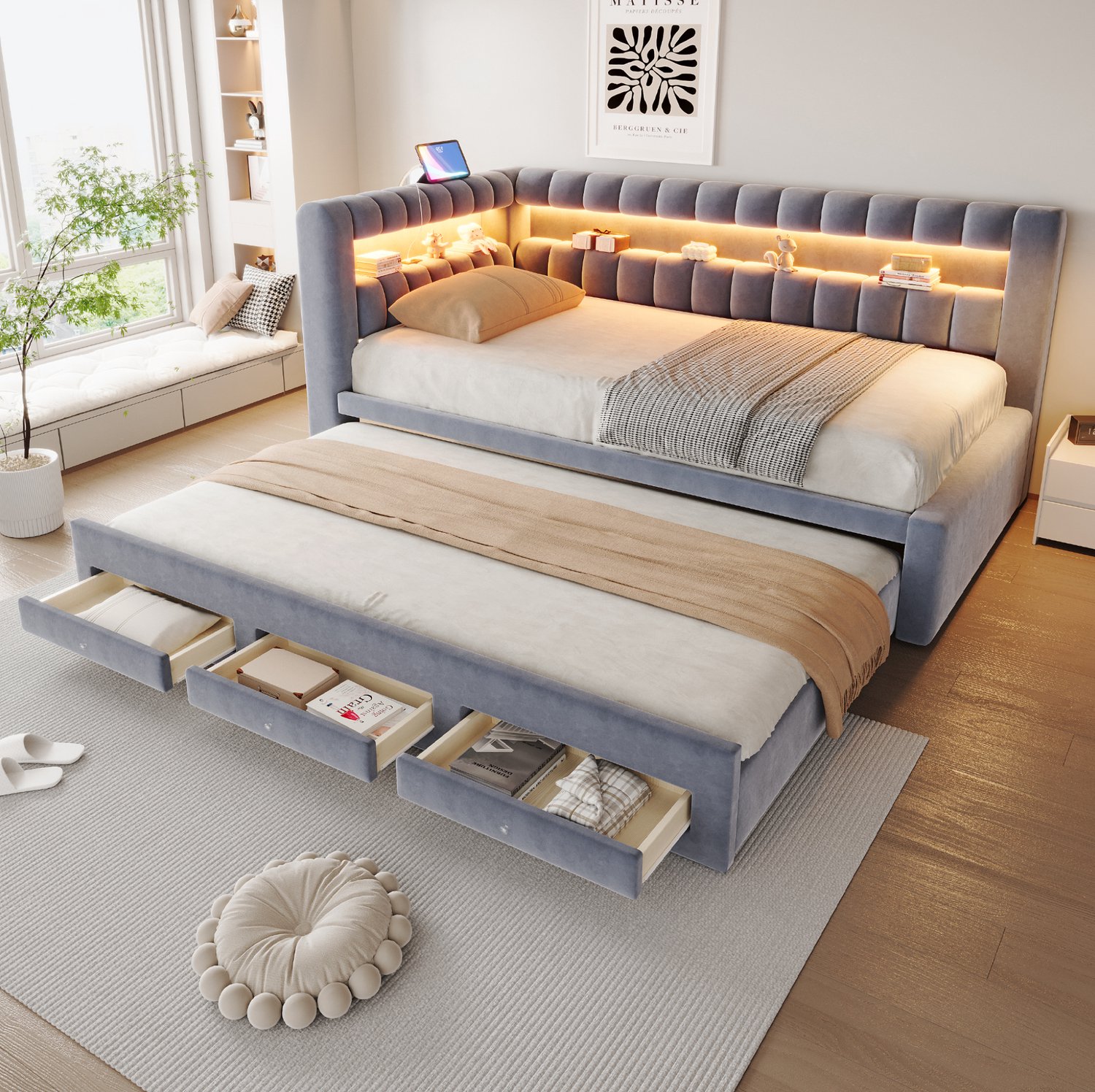 DESMIU Slaapbank 90x190 cm – Uitschuifbed Met Lades En Opbergruimte – LED Verlichting, USB En Type C – Fluweel – Zonder Matras – Grijs Donkergrijs