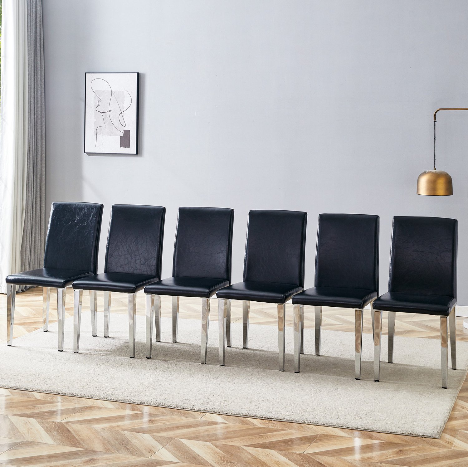 MODFU Set Van 6 Eetkamerstoelen - Minimalistisch - Kunstleer - Metaal - Zwart En Zilver - 90 Cm