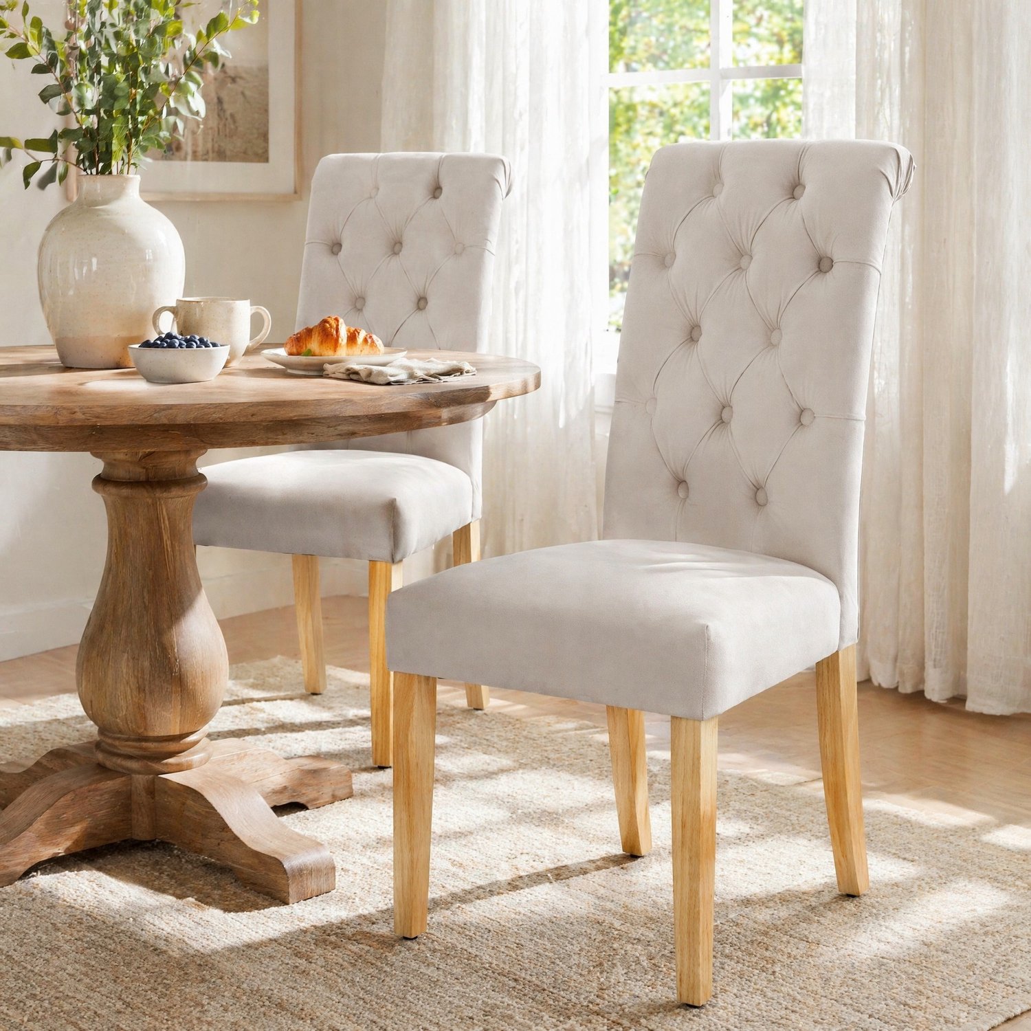 CHICFURN Eetkamerstoel - Velvet zitting - Houten poten - Beige