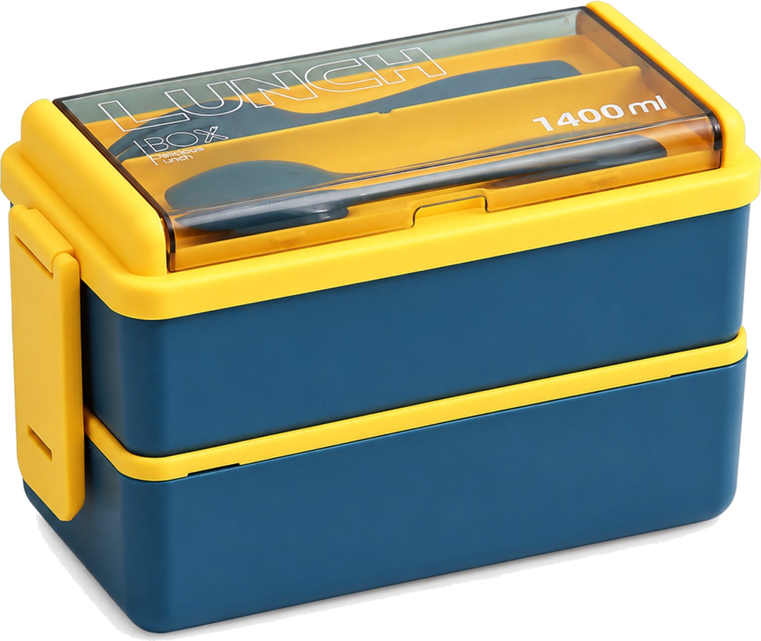 Broodtrommel van kunststof met twee lagen, blauw met gele accenten, geschikt voor de magnetron