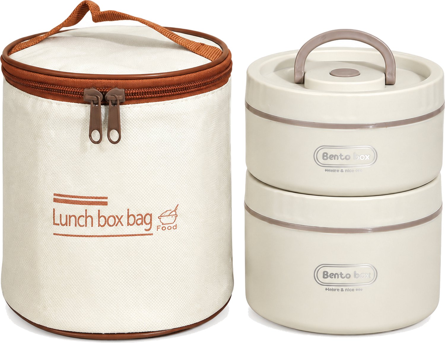 Broodtrommelset in gebroken wit met twee ronde lunchboxen van 620 ml en 420 ml, binnenzijde van 304 roestvrij staal, draagtas en bestek