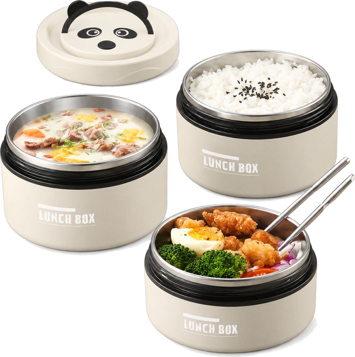 Broodtrommelset met kleine en grote roestvrijstalen lunchpotten, thermotas en pandamotief