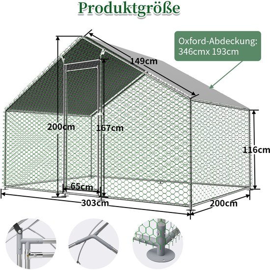 WUVRIE - Kippenren 303x200x200 cm - Verzinkt stalen frame met PE-dak en veiligheidsslot - Zilver