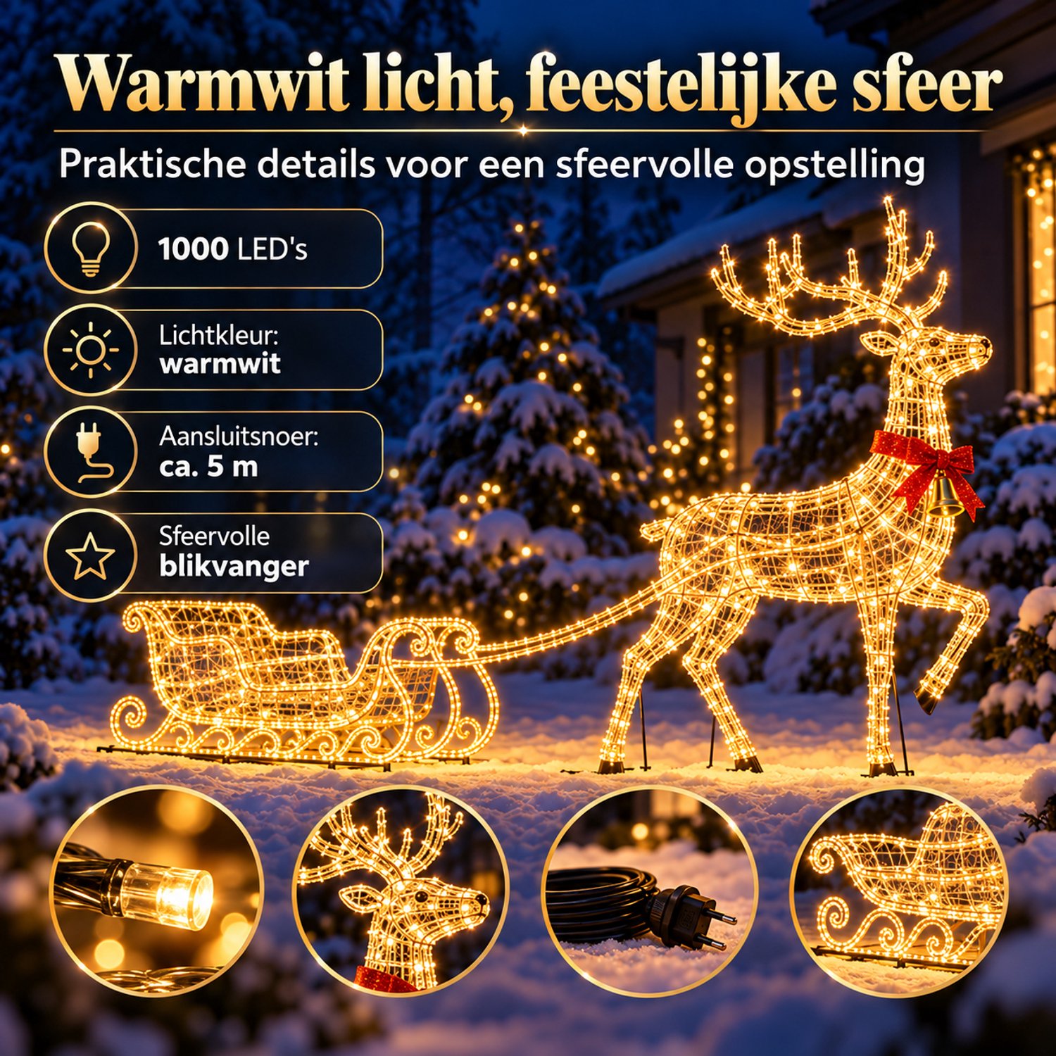 X-Mas Eland met Slee met LED Kerstverlichting voor Buiten totaal 290 cm 1000 LED lampjes IP44 – foto 3