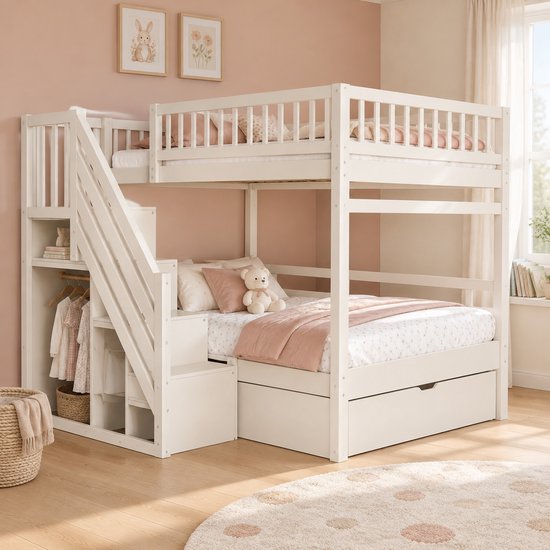 Wit houten stapelbed met trap, ingebouwde kledingkast en opberglade, ingericht met roze beddengoed en teddybeer.