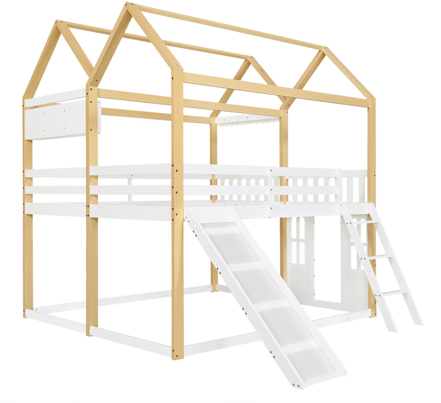 Halfhoogslaper 90x200 cm Met Glijbaan En Ladder - Huisbed Met Dakframe - Grenen, Multiplex En MDF - Links Of Rechts Monteerbaar - Wit En Naturel