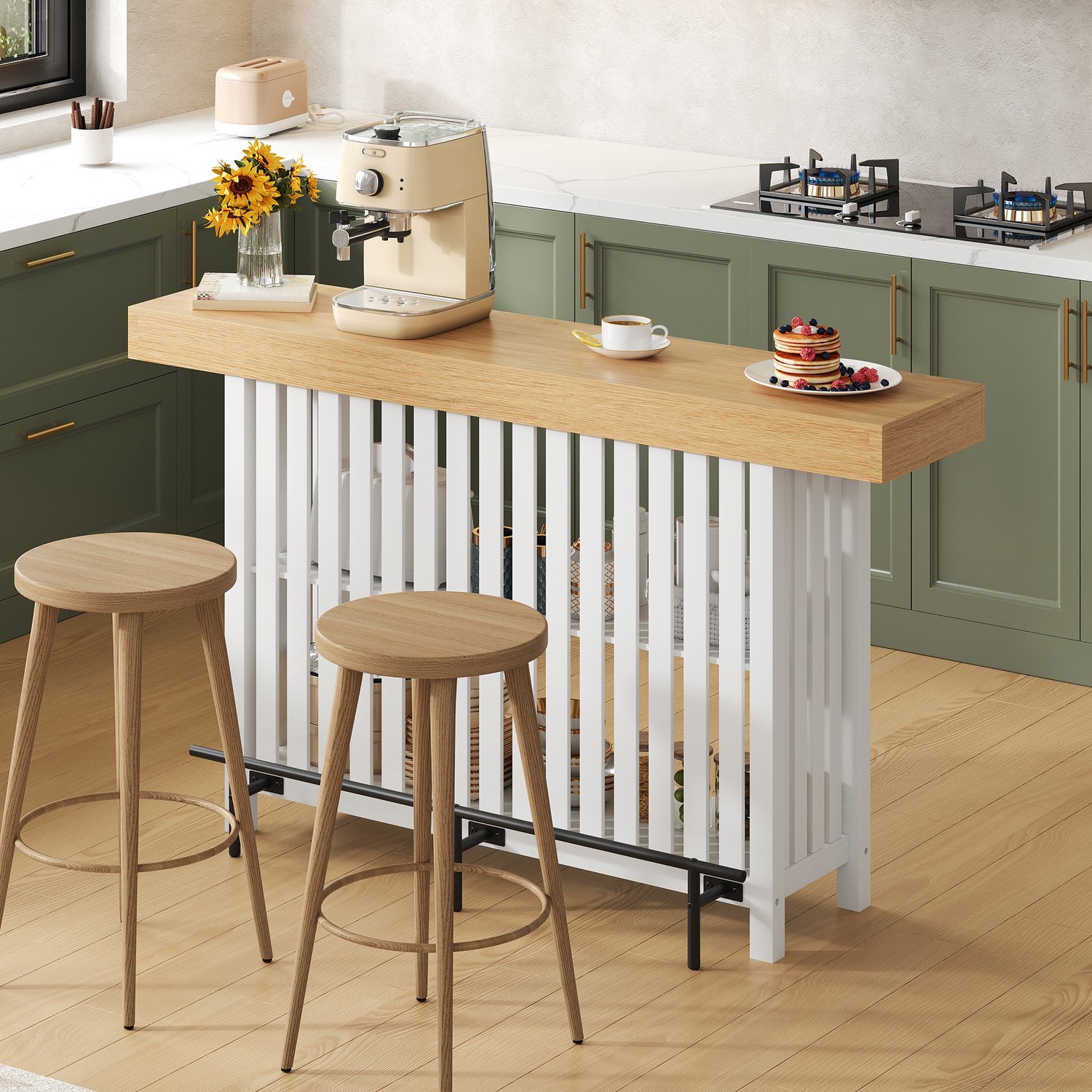 VVBV Bartafel / Hoge Tafel 160x40x105 cm – Voetensteun, 2 Legplanken – voor Keuken, Eetkamer & Thuisbar – MDF / Wit
