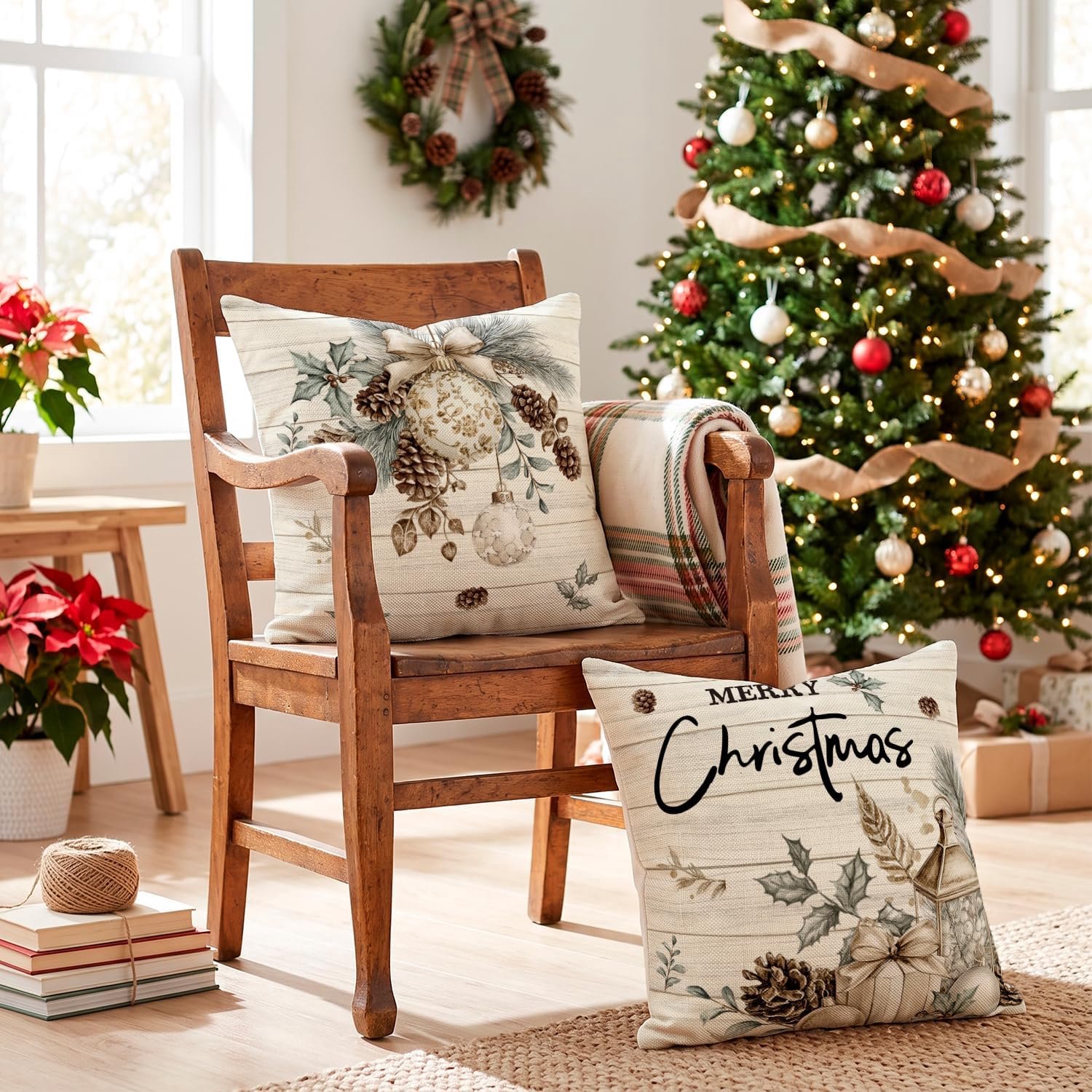 Set van 4 - Kerst kussensloop - Kussenhoes - Kerstkussenslopen - 45 x 45 cm - Kerst decoratie - Kussenhoesjes - Winter vakantie kerstdecoratie - Thuis bank kussen - Binnen decoraties - Voor decoratie Kerstmis, bank, slaapkamer - Polyester - Beige – foto 4